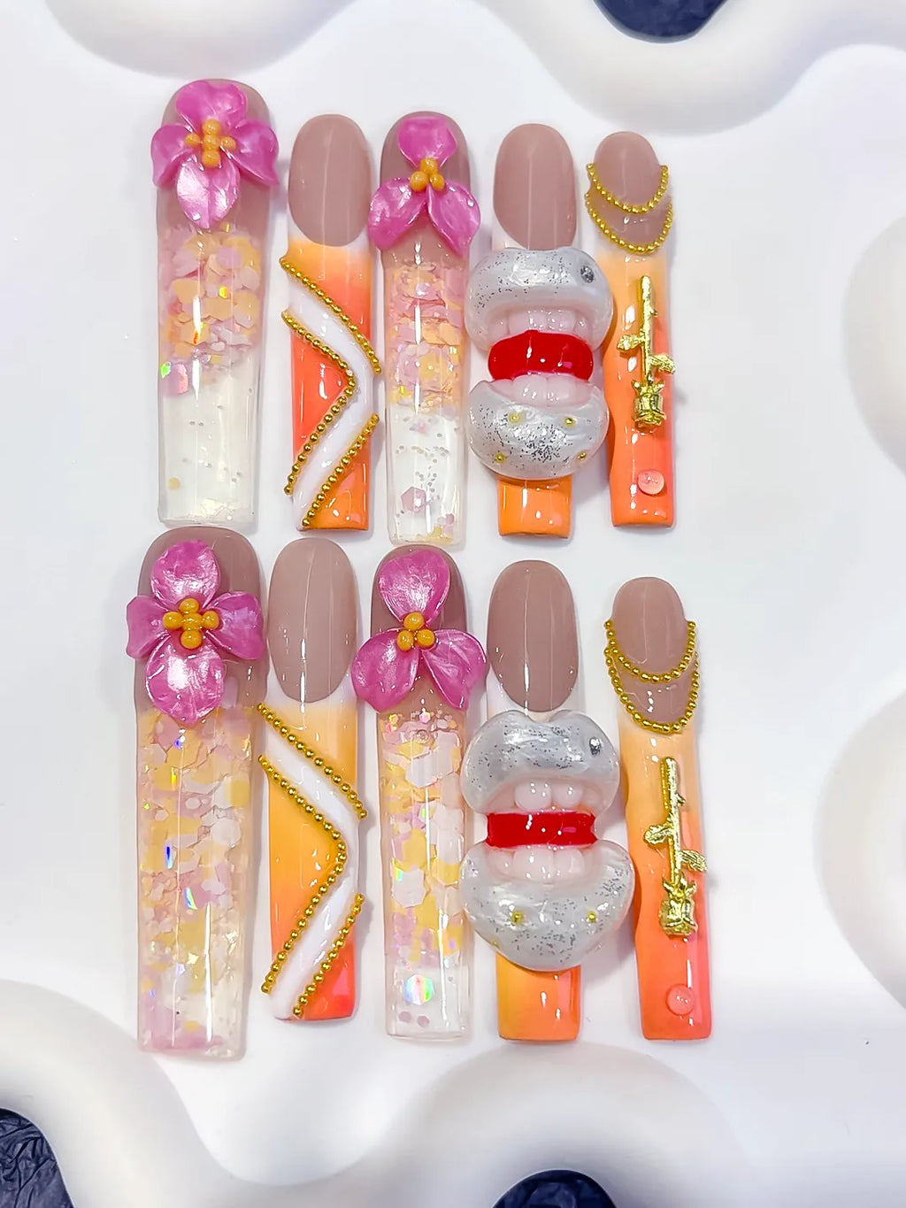 O018 - Long Nude Orange Square Abstract Flower Lips