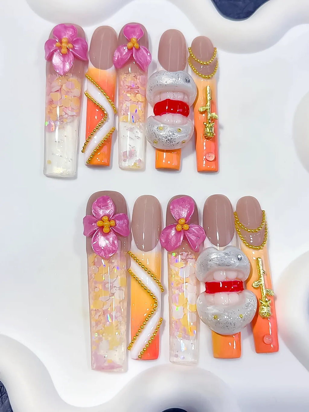 O018 - Long Nude Orange Square Abstract Flower Lips