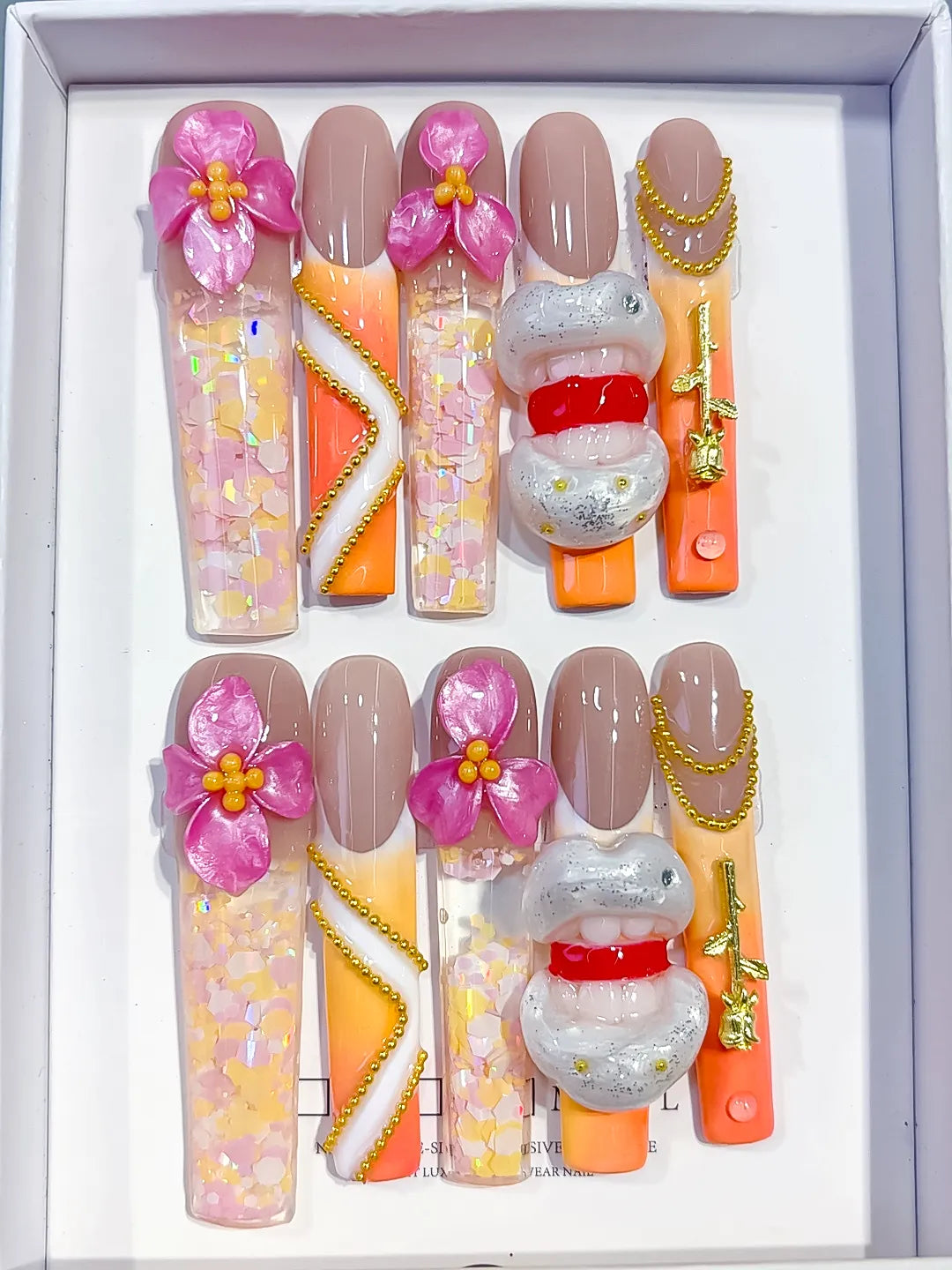 O018 - Long Nude Orange Square Abstract Flower Lips