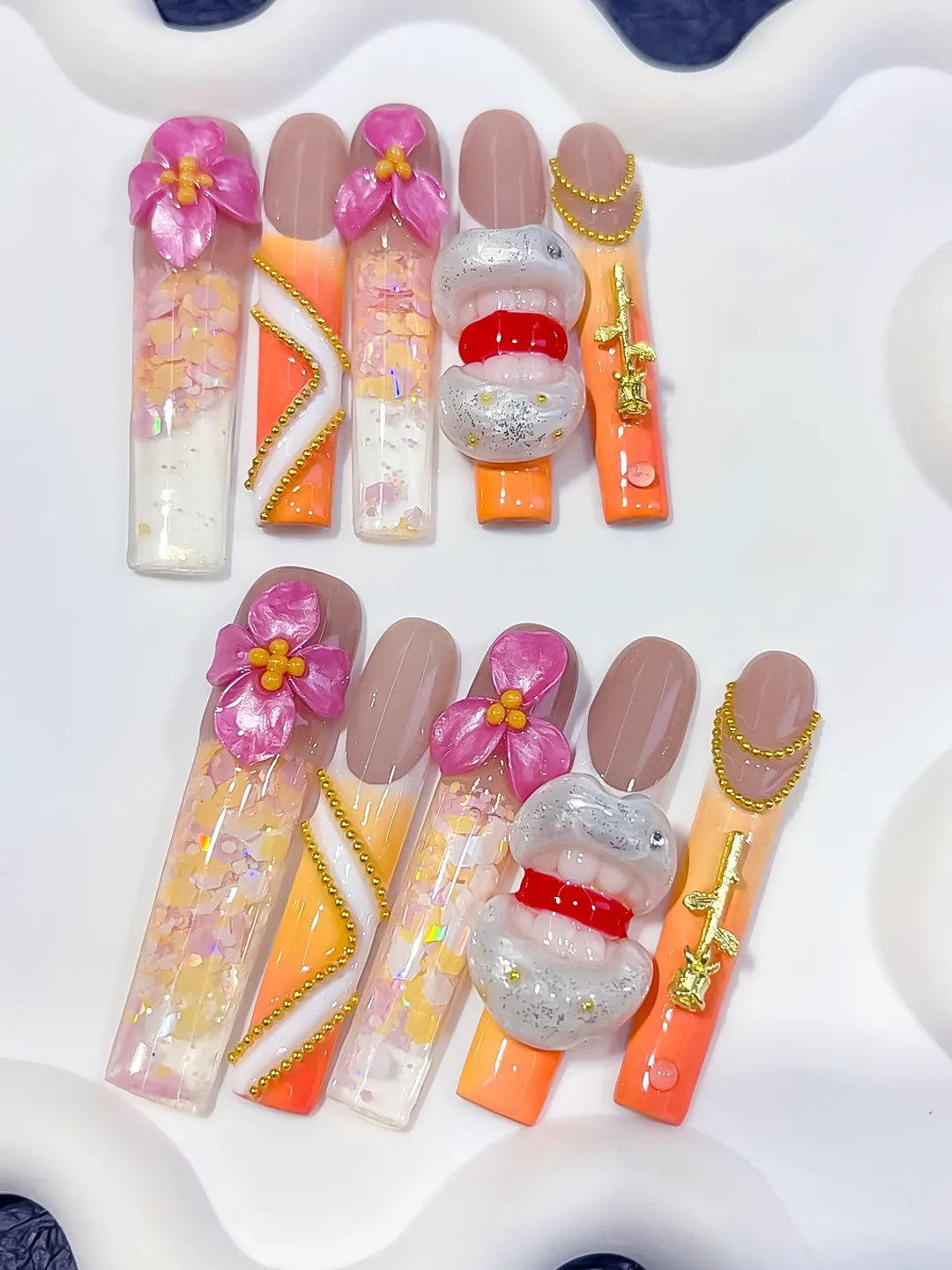 O018 - Long Nude Orange Square Abstract Flower Lips