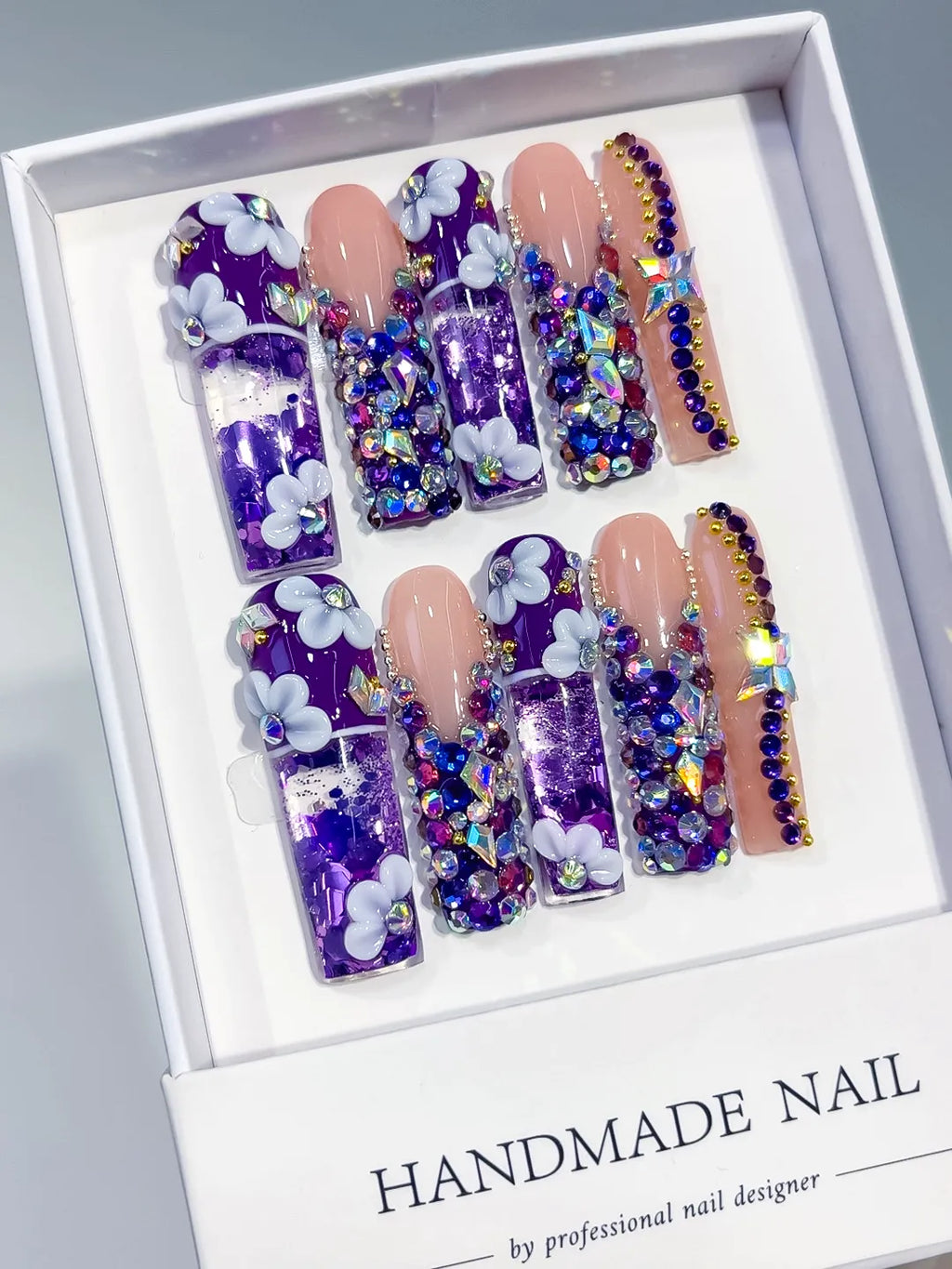 O019 - Long Purple Nude Square Glitter Flower Rhinestone