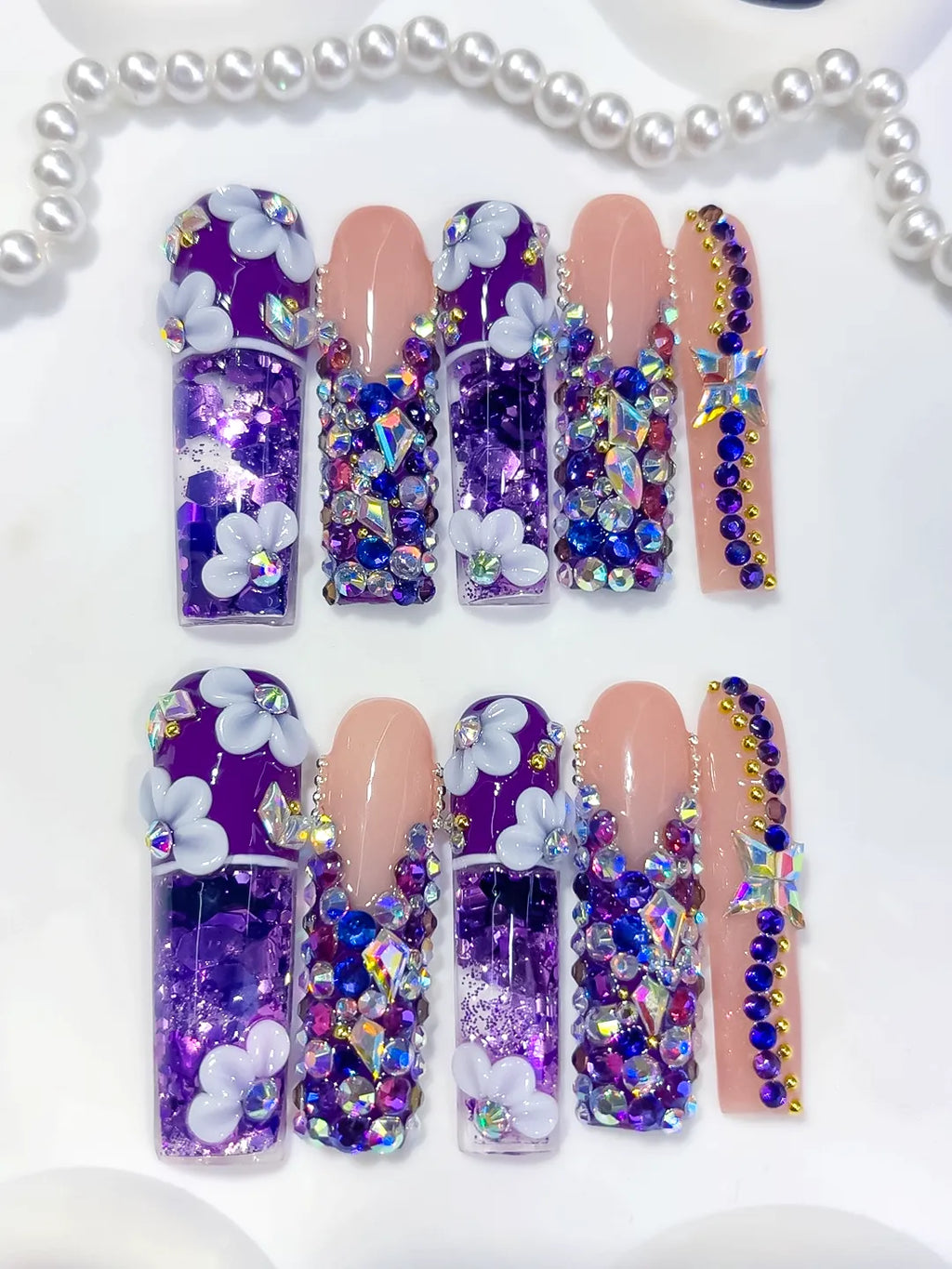 O019 - Long Purple Nude Square Glitter Flower Rhinestone