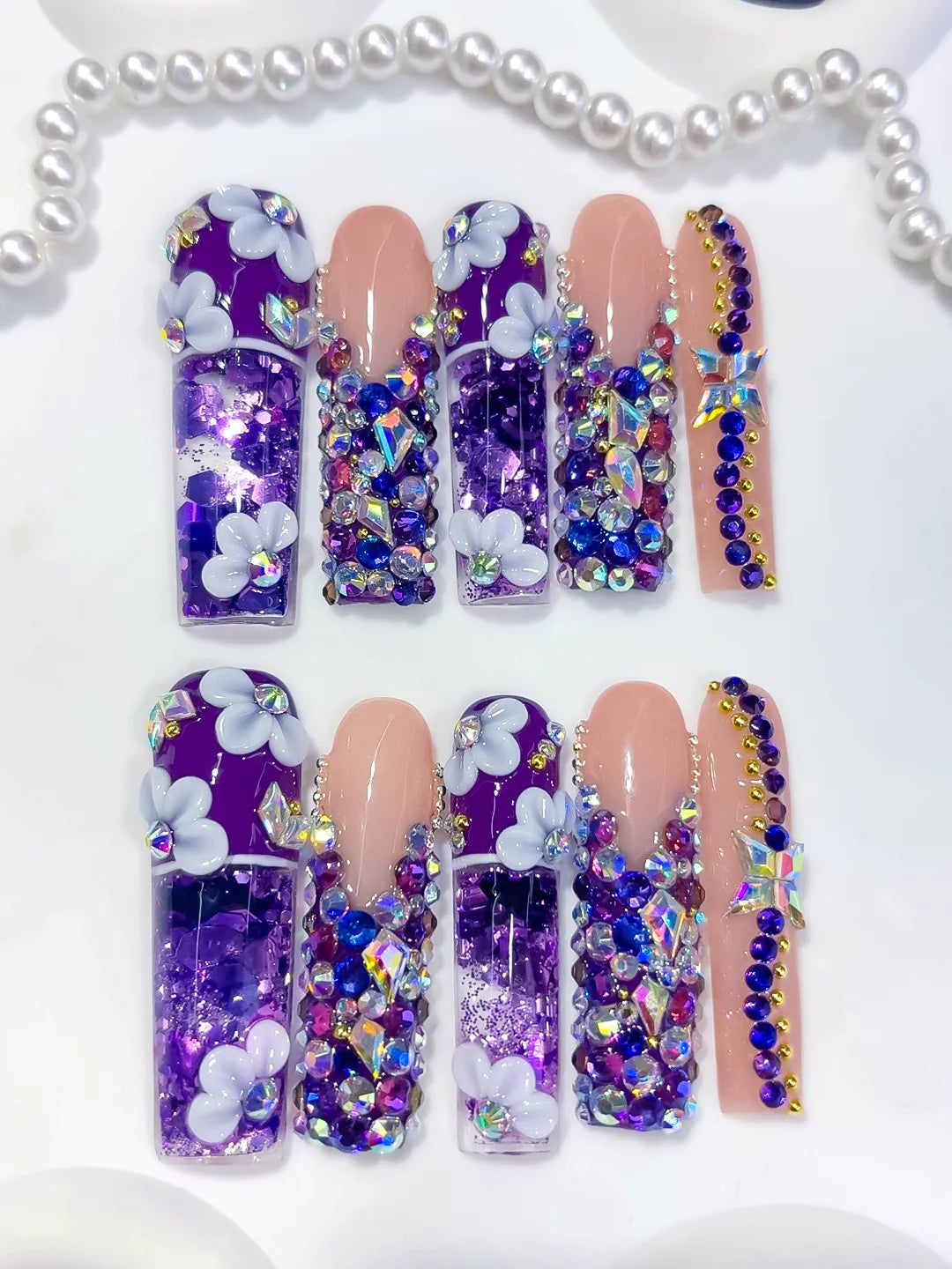 O019 - Long Purple Nude Square Glitter Flower Rhinestone