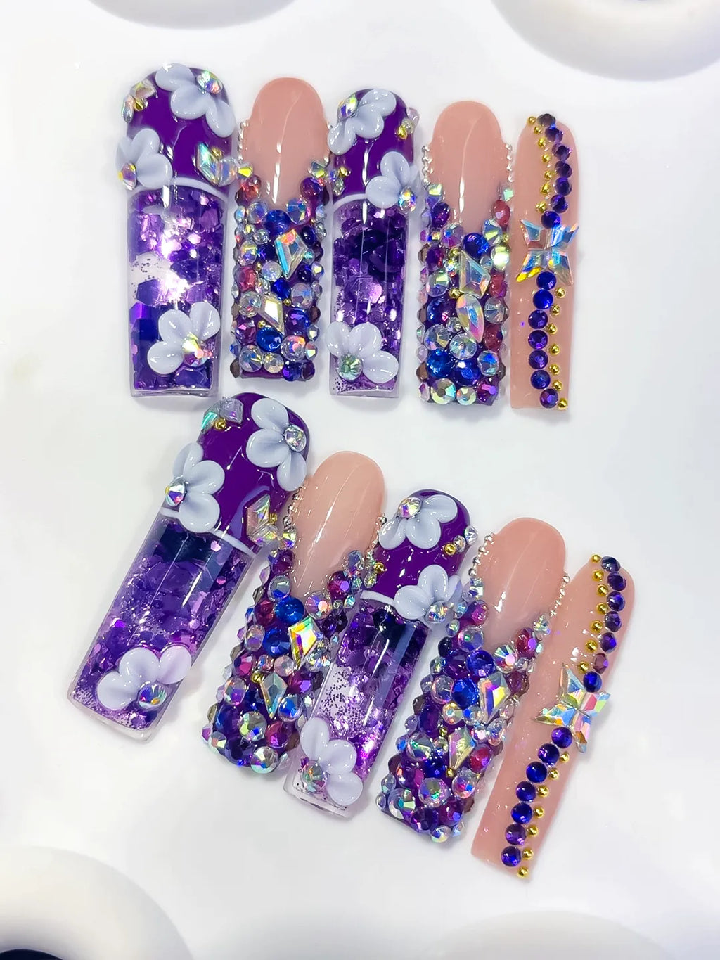 O019 - Long Purple Nude Square Glitter Flower Rhinestone