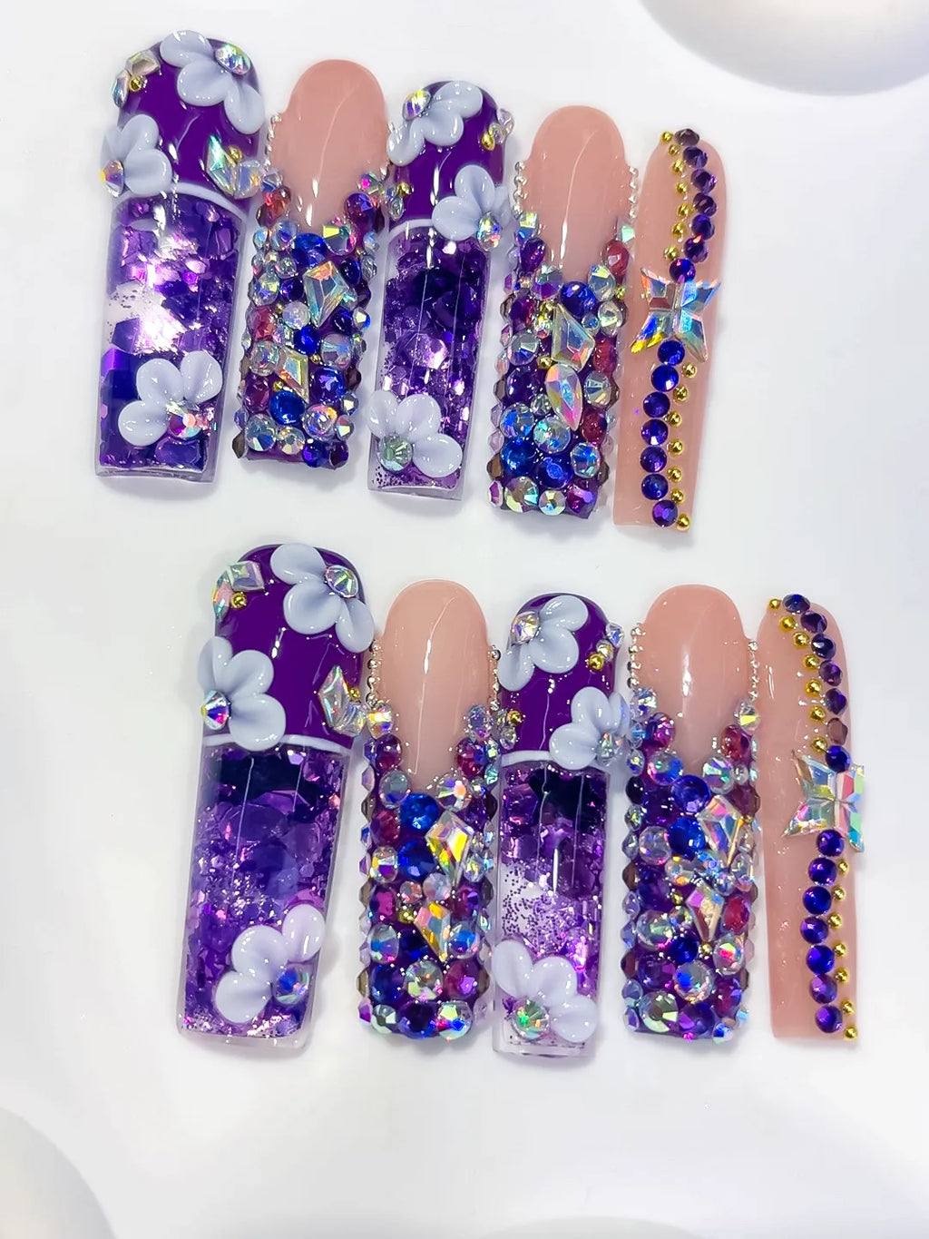 O019 - Long Purple Nude Square Glitter Flower Rhinestone