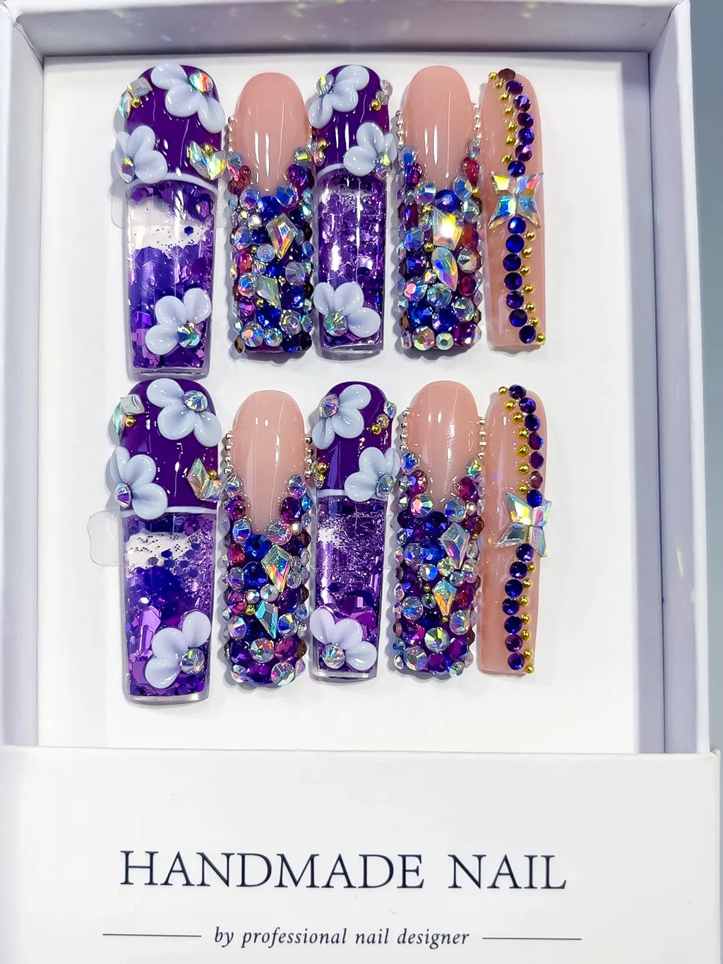O019 - Long Purple Nude Square Glitter Flower Rhinestone