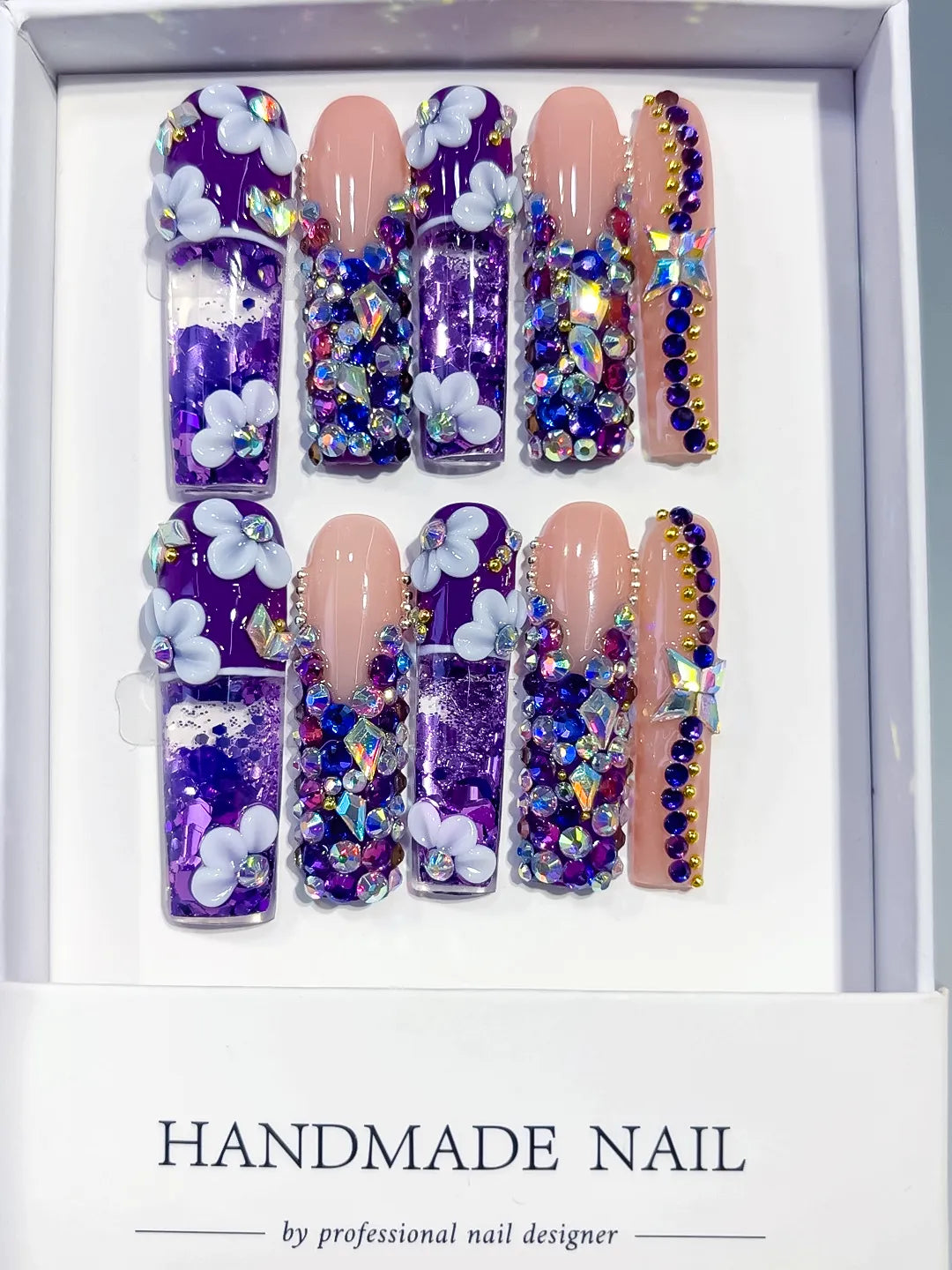 O019 - Long Purple Nude Square Glitter Flower Rhinestone