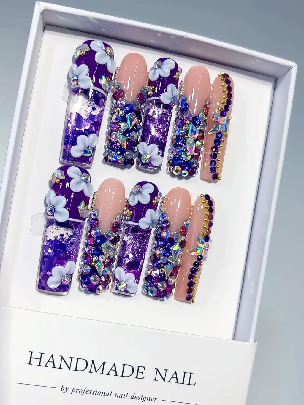 O019 - Long Purple Nude Square Glitter Flower Rhinestone