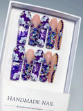 O019 - Long Purple Nude Square Glitter Flower Rhinestone