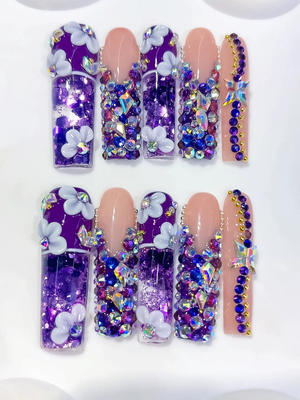 O019 - Long Purple Nude Square Glitter Flower Rhinestone