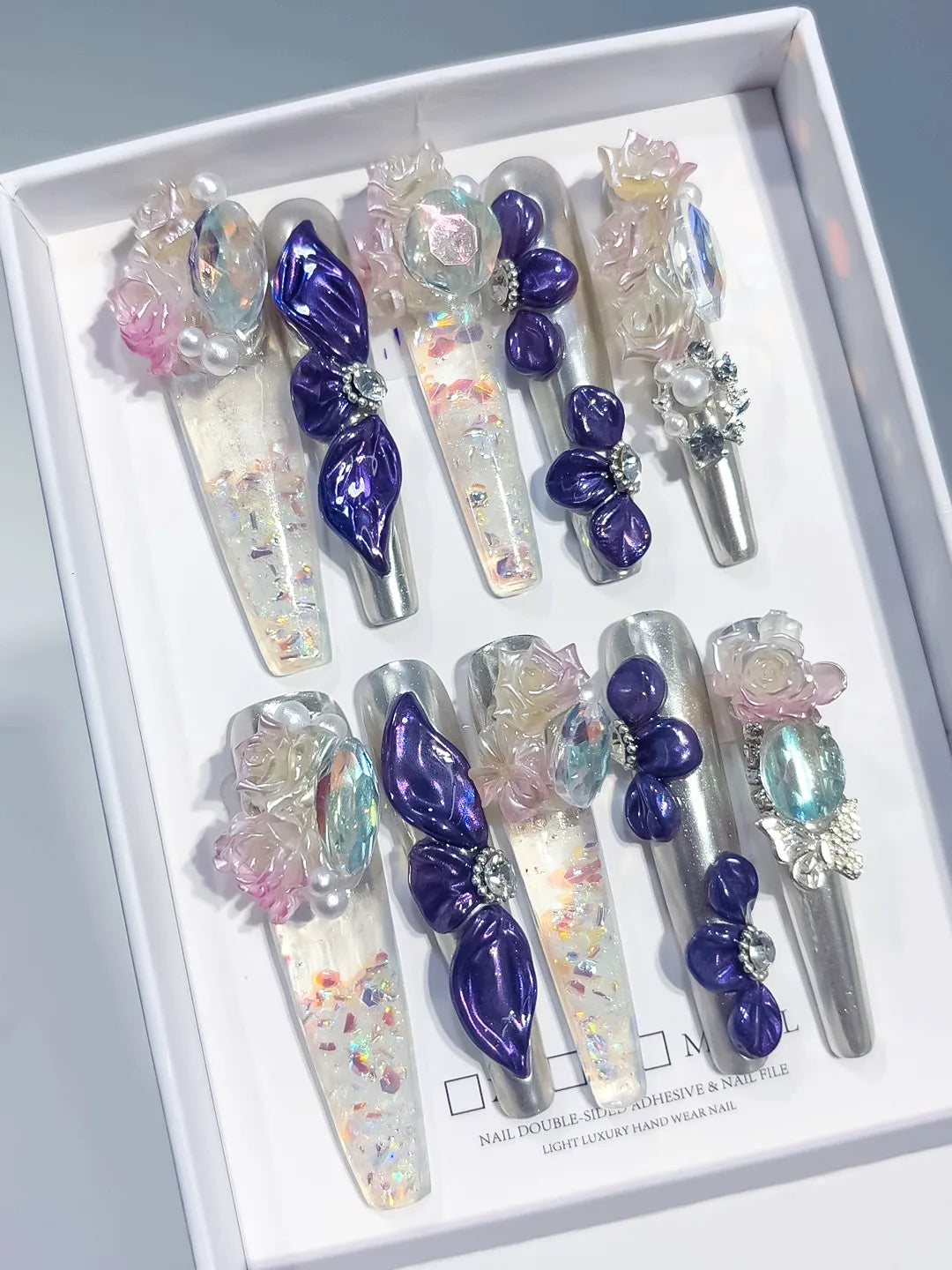 O020 - Long Silver Purple Coffin Metallic Bow Rose