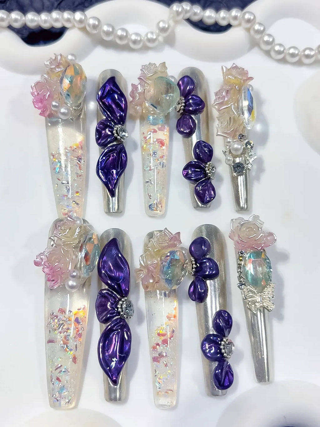 O020 - Long Silver Purple Coffin Metallic Bow Rose