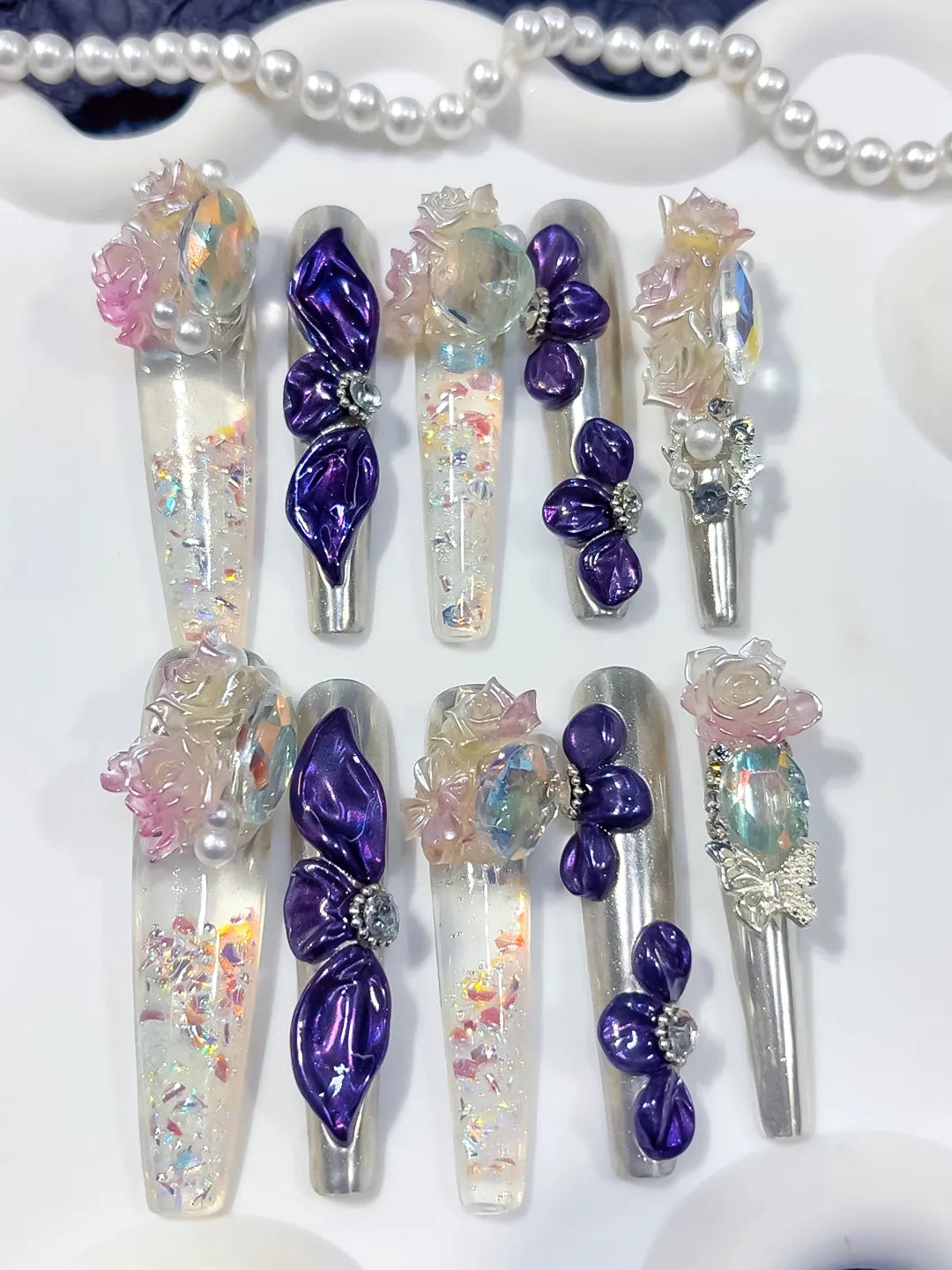 O020 - Long Silver Purple Coffin Metallic Bow Rose
