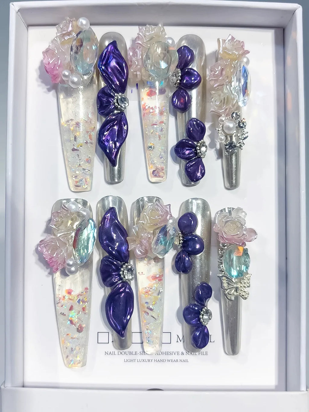 O020 - Long Silver Purple Coffin Metallic Bow Rose