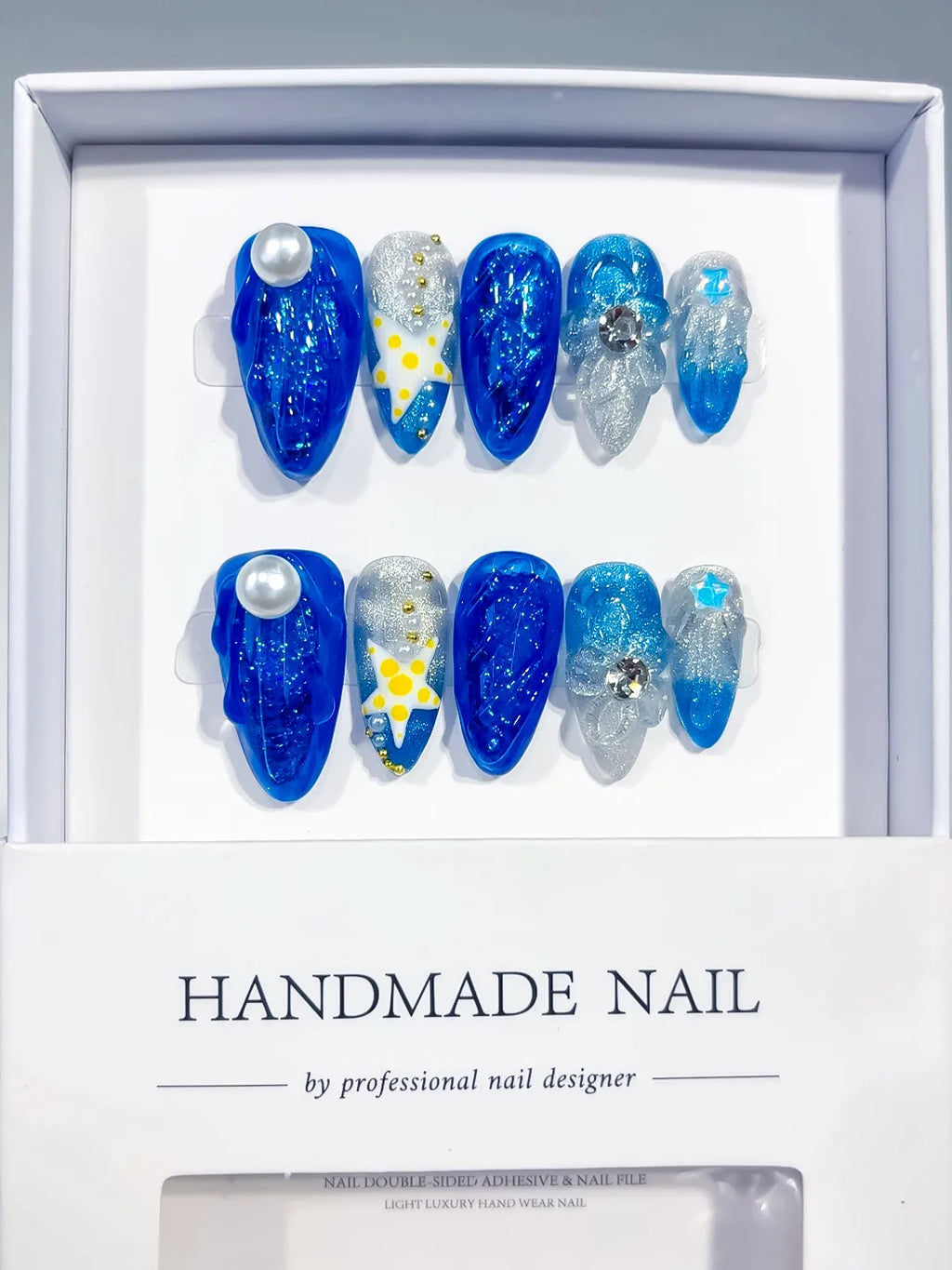 O008 - Medium Blue Silver Almond Glitter Pearl Rhinestone