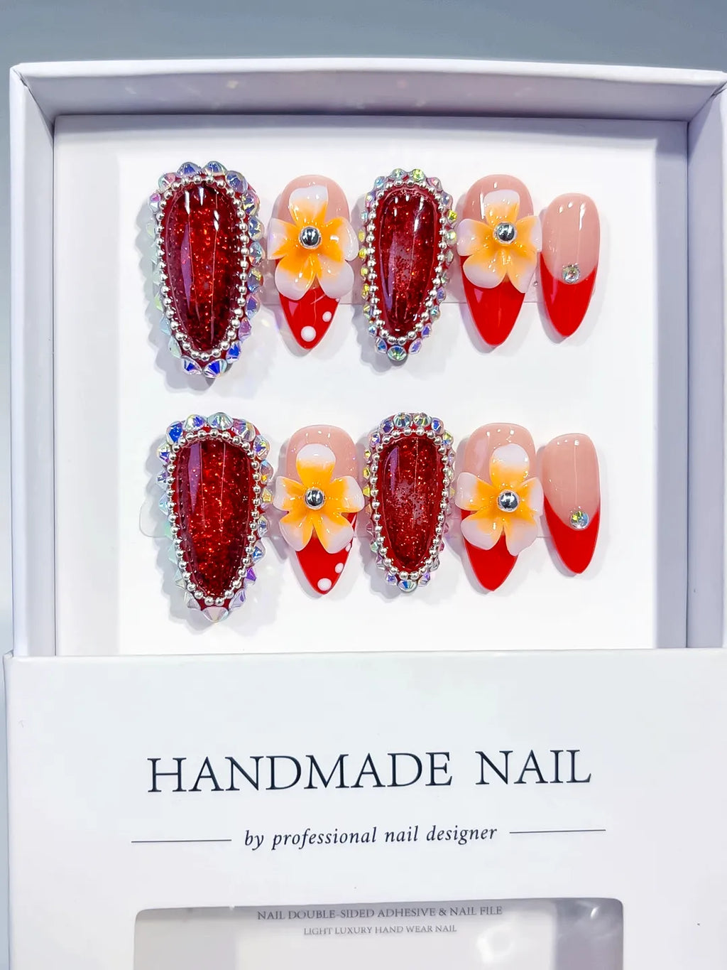 O009 - Medium Red Nude Almond French tip Flower Rhinestone