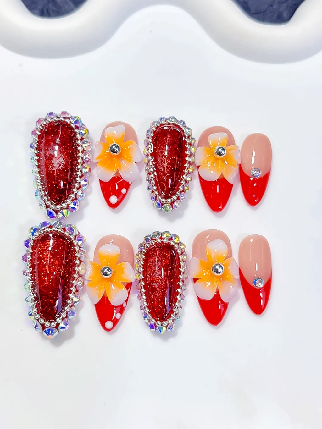 O009 - Medium Red Nude Almond French tip Flower Rhinestone