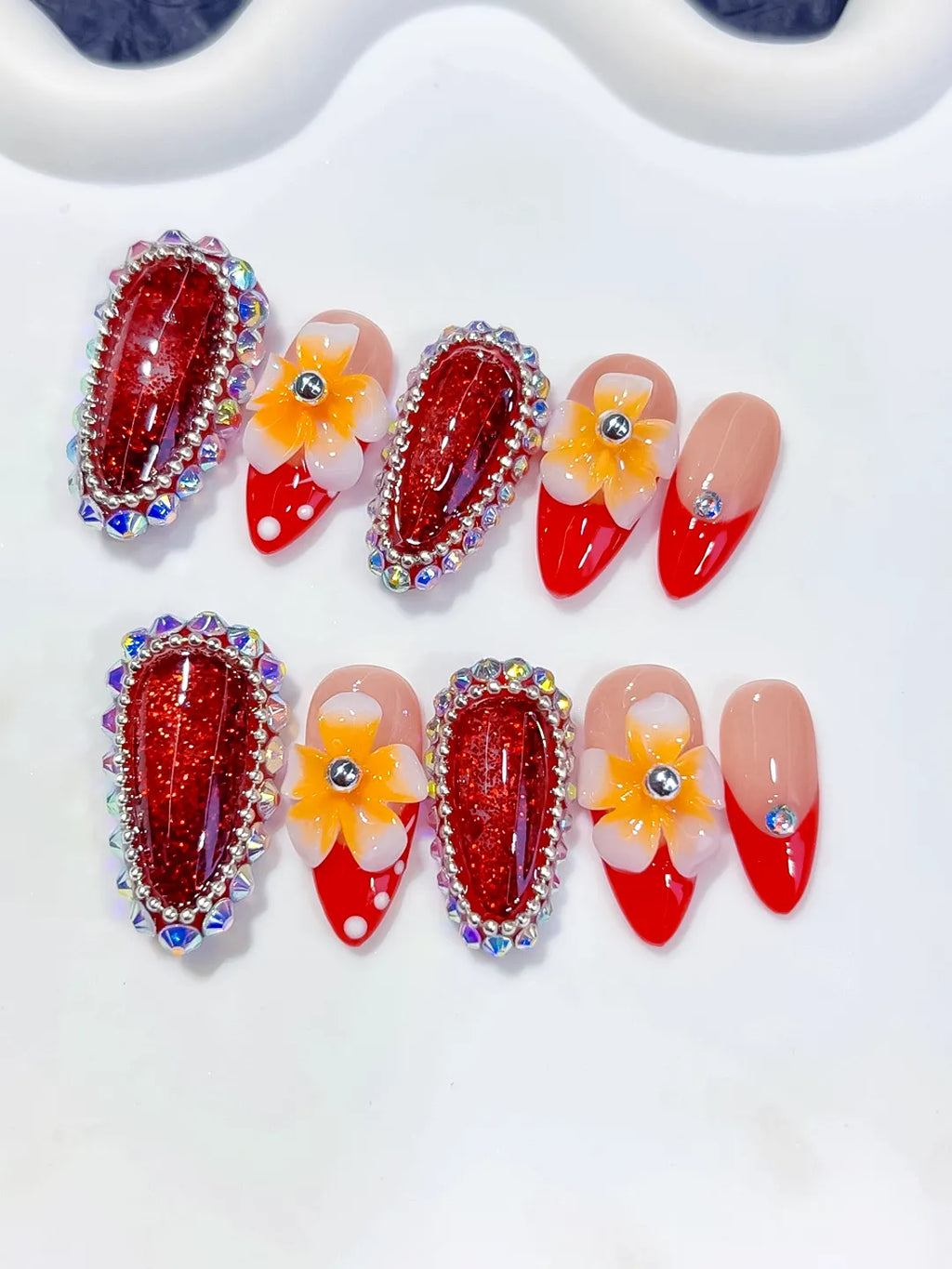 O009 - Medium Red Nude Almond French tip Flower Rhinestone