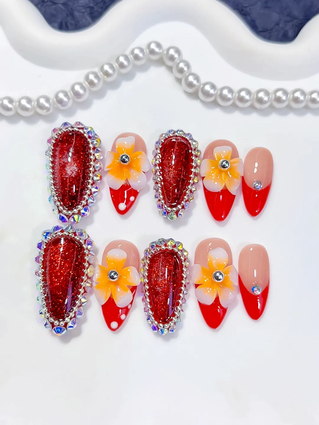 O009 - Medium Red Nude Almond French tip Flower Rhinestone
