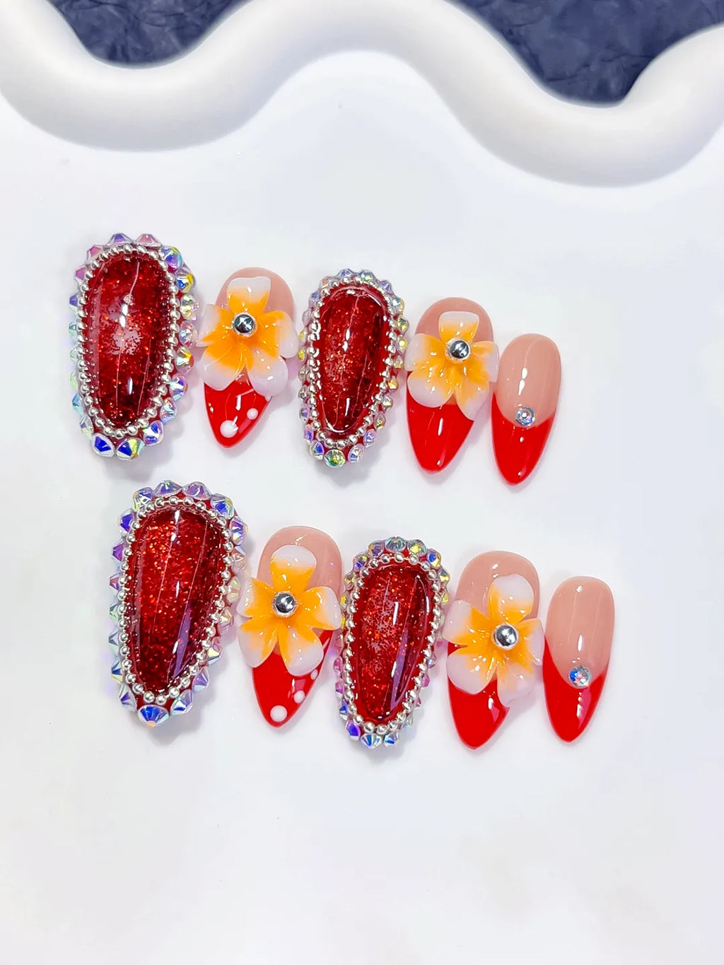 O009 - Medium Red Nude Almond French tip Flower Rhinestone
