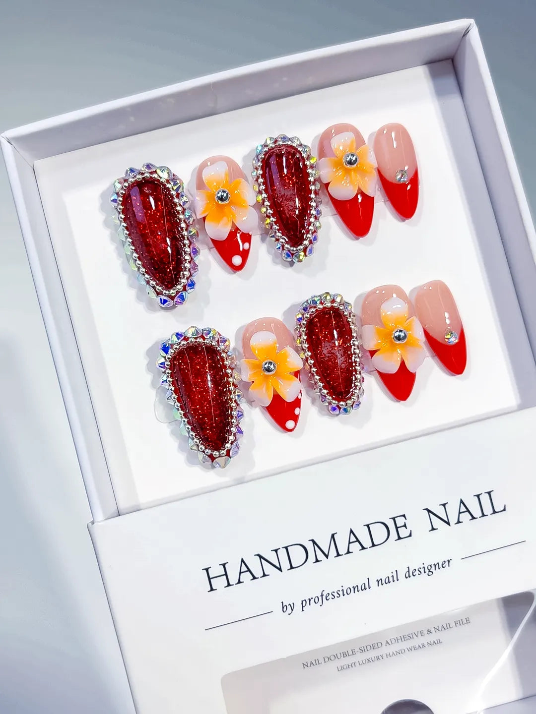 O009 - Medium Red Nude Almond French tip Flower Rhinestone