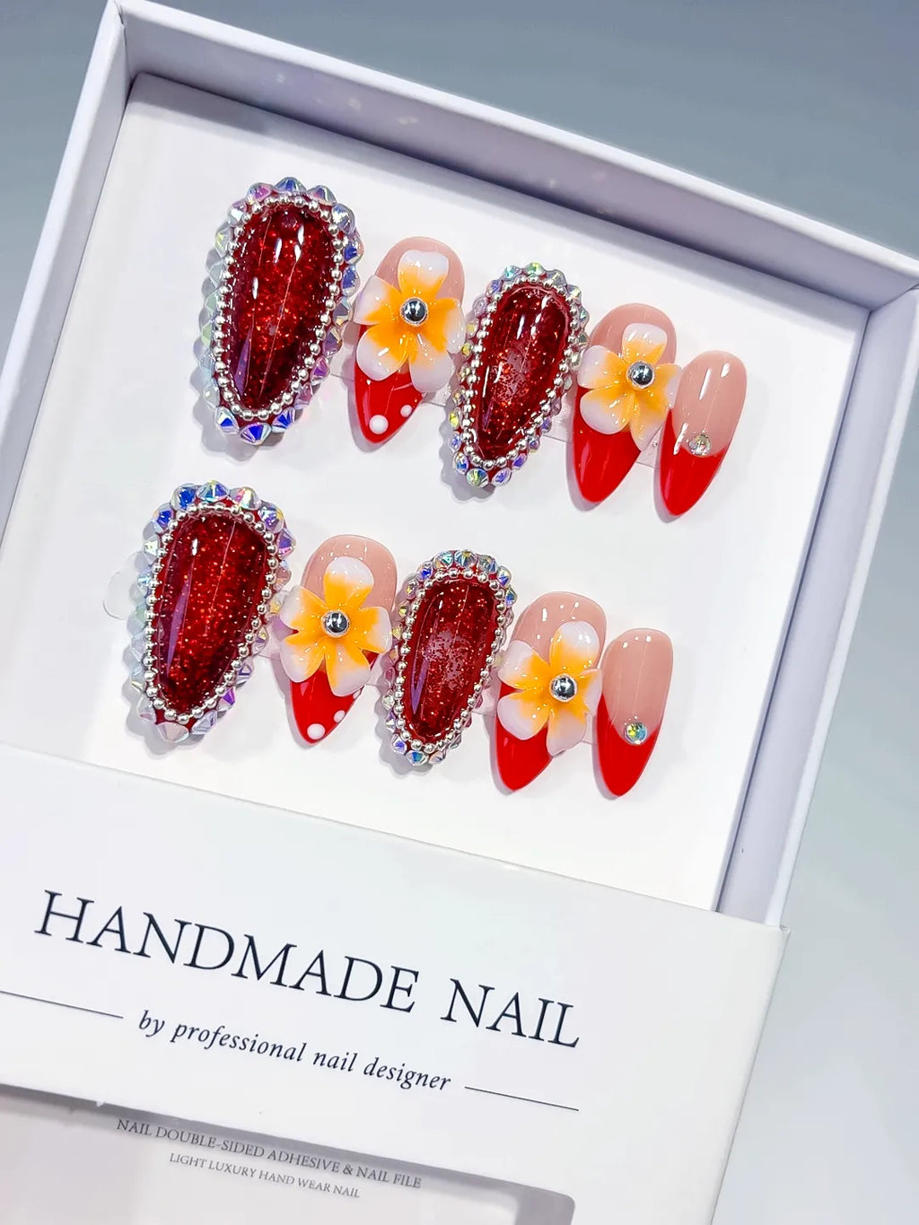 O009 - Medium Red Nude Almond French tip Flower Rhinestone
