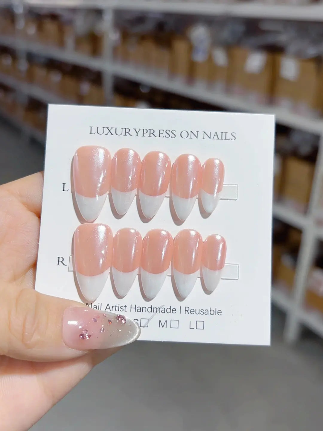 A038 - Medium White Pink Almond French tip VibeNailsLab