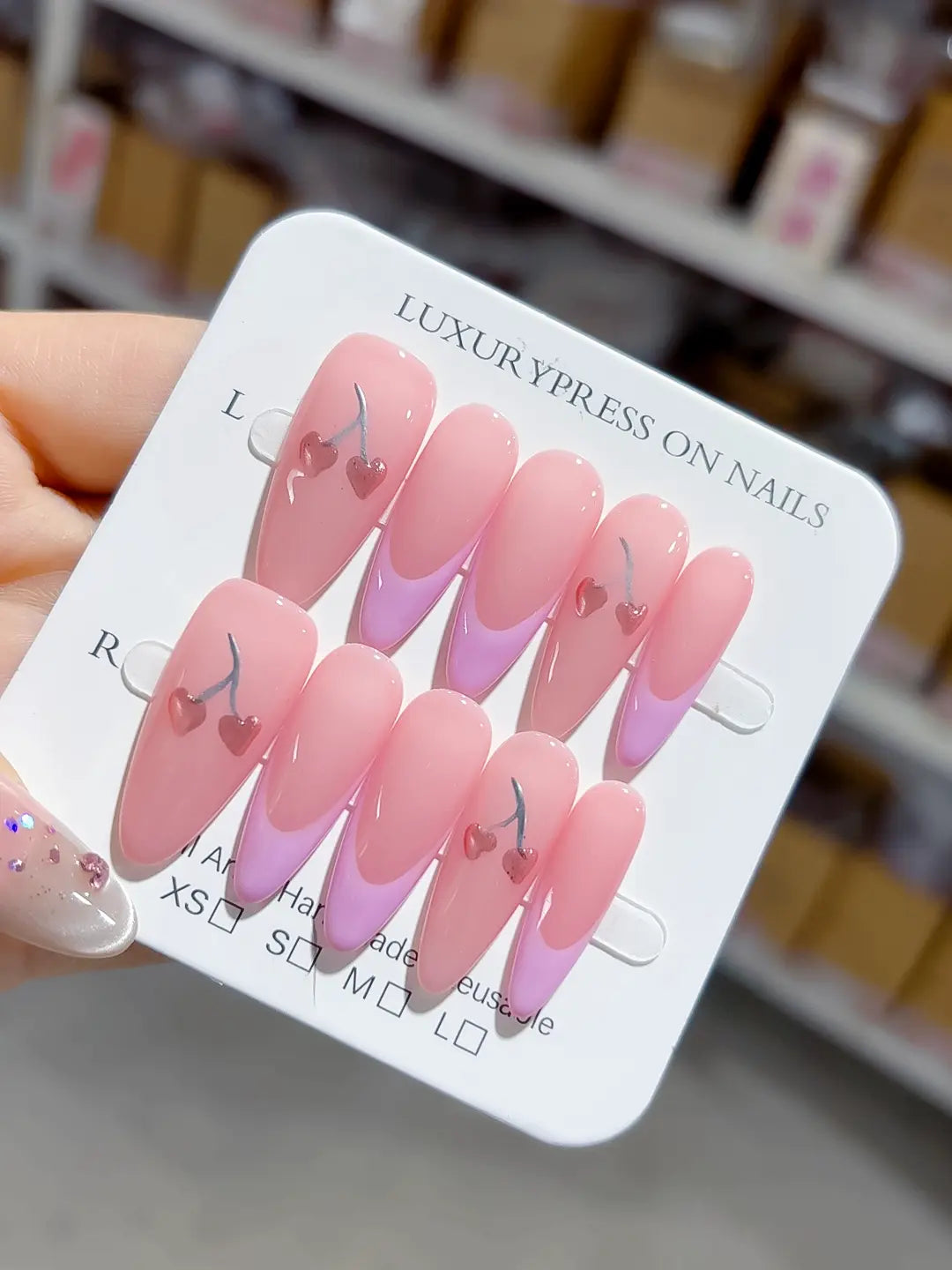 B103 - Long Pink Almond French tip Heart Cherry VibeNailsLab