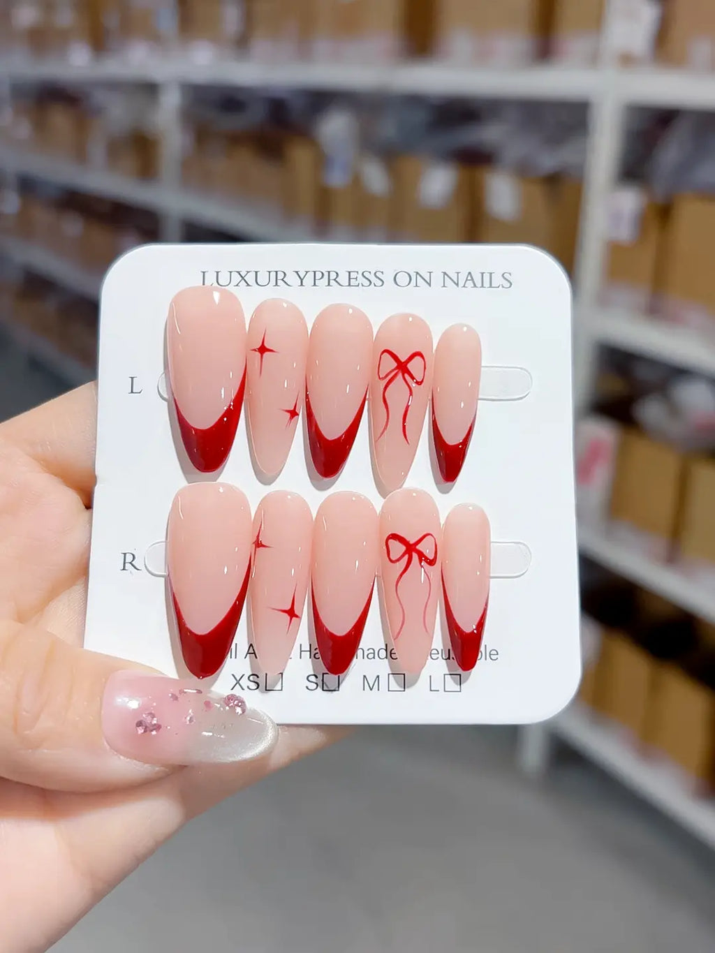 B102 - Long Nude Red Almond French tip Bow