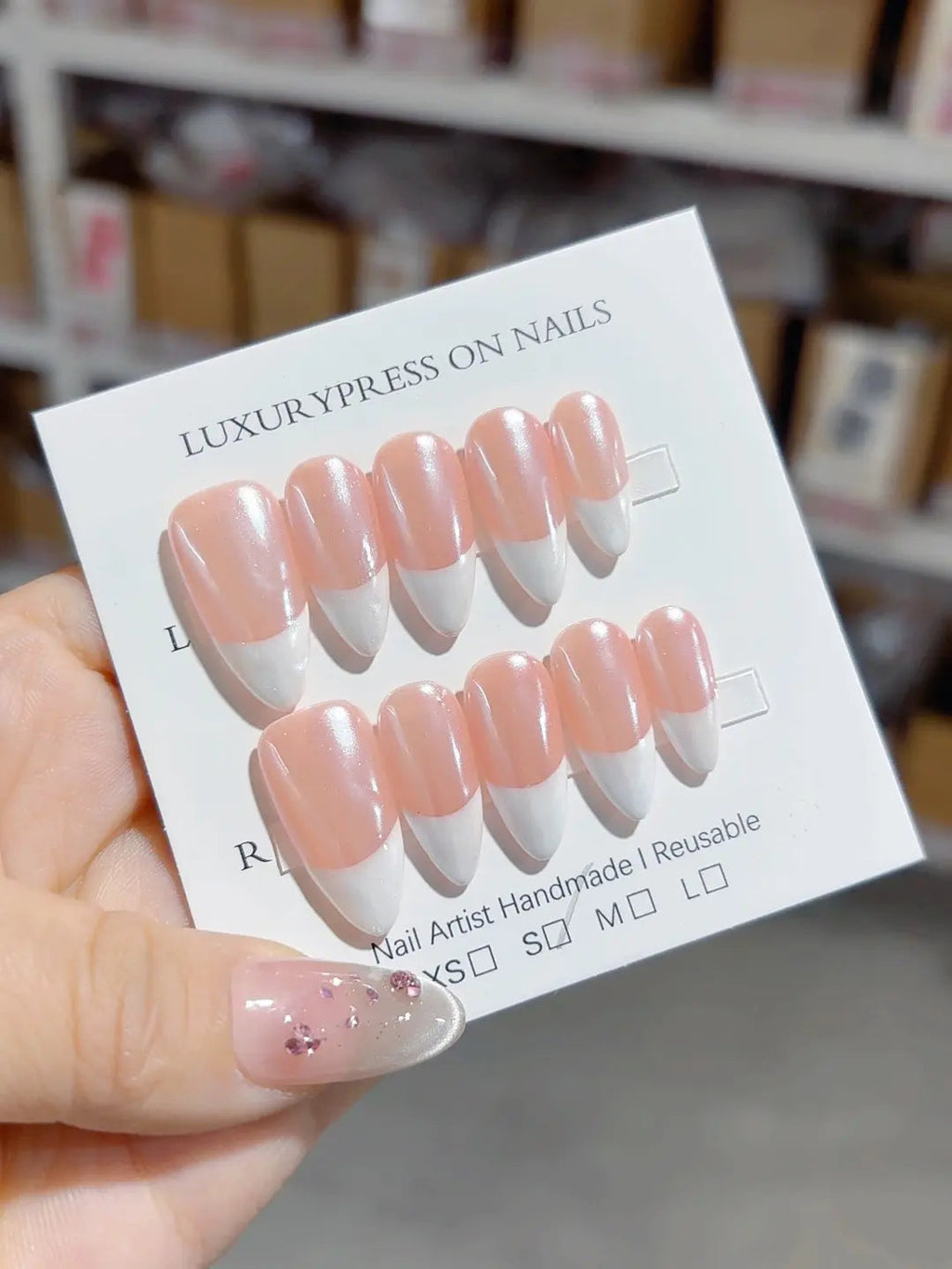 A038 - Medium White Pink Almond French tip VibeNailsLab