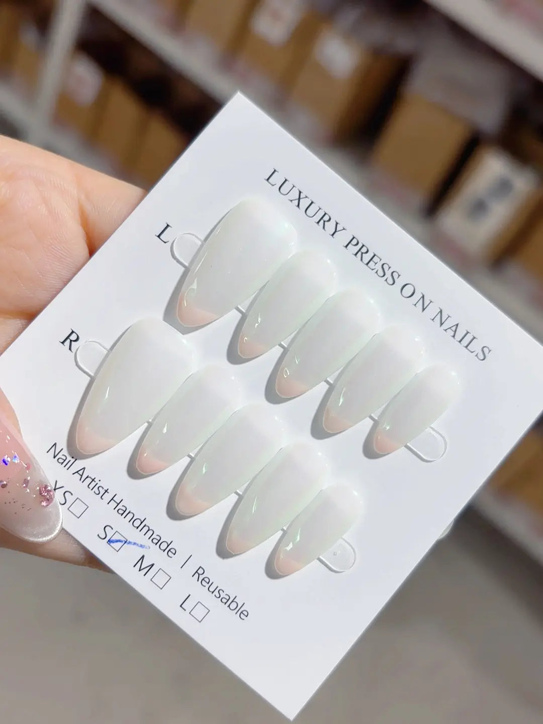 A059 - Medium White Green Almond French tip Glow VibeNailsLab