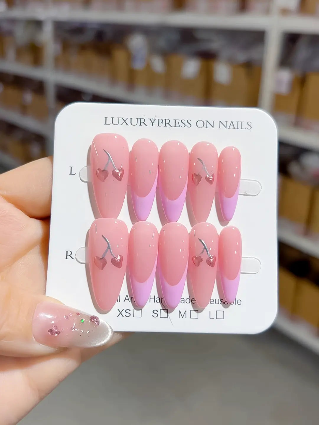 B103 - Long Pink Almond French tip Heart Cherry VibeNailsLab