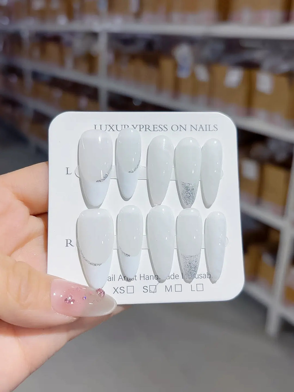 B106 - Long White Silver Almond French tip