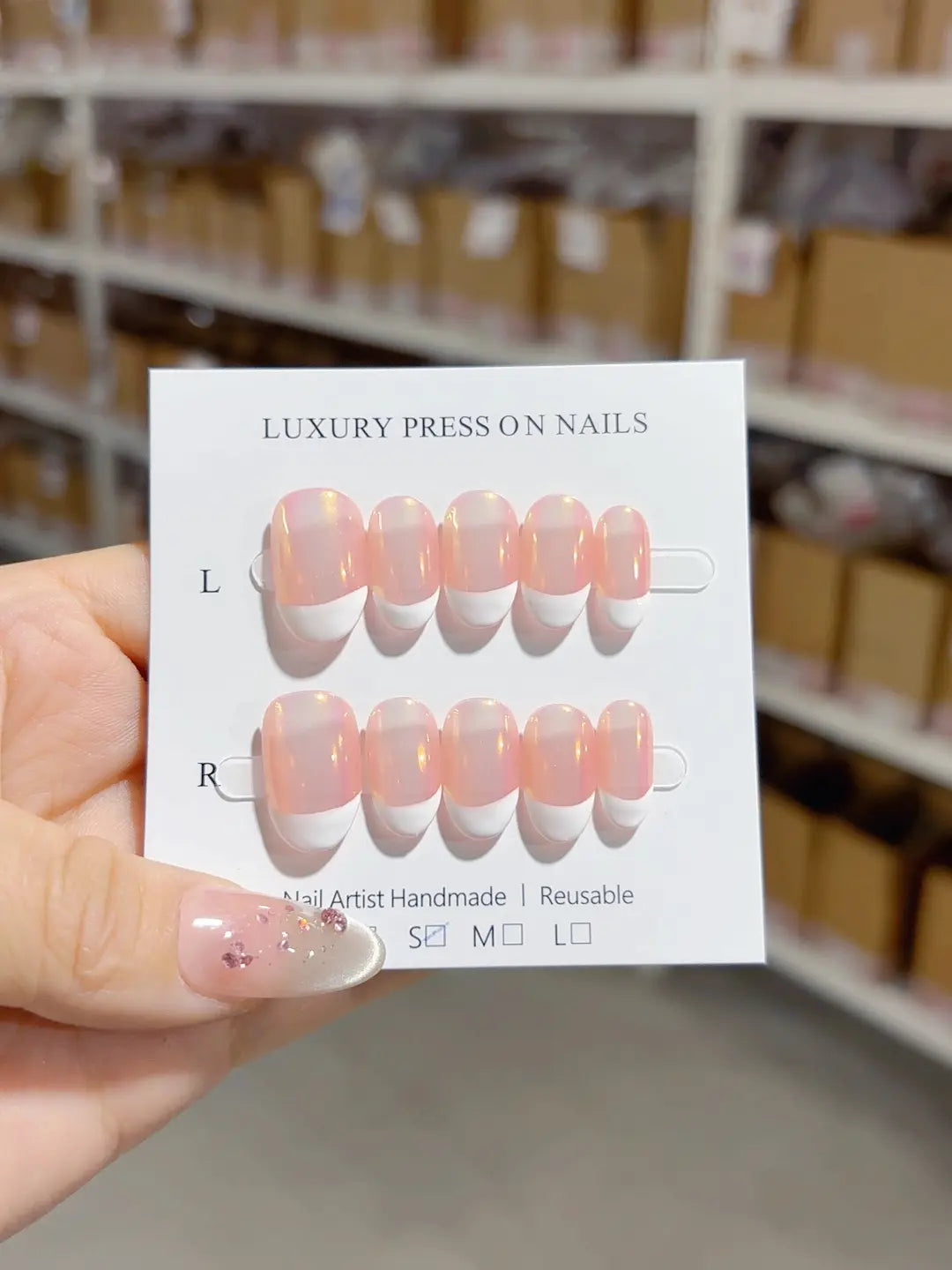 A044 - Short Pink Multicolor Oval French tip Shine VibeNailsLab