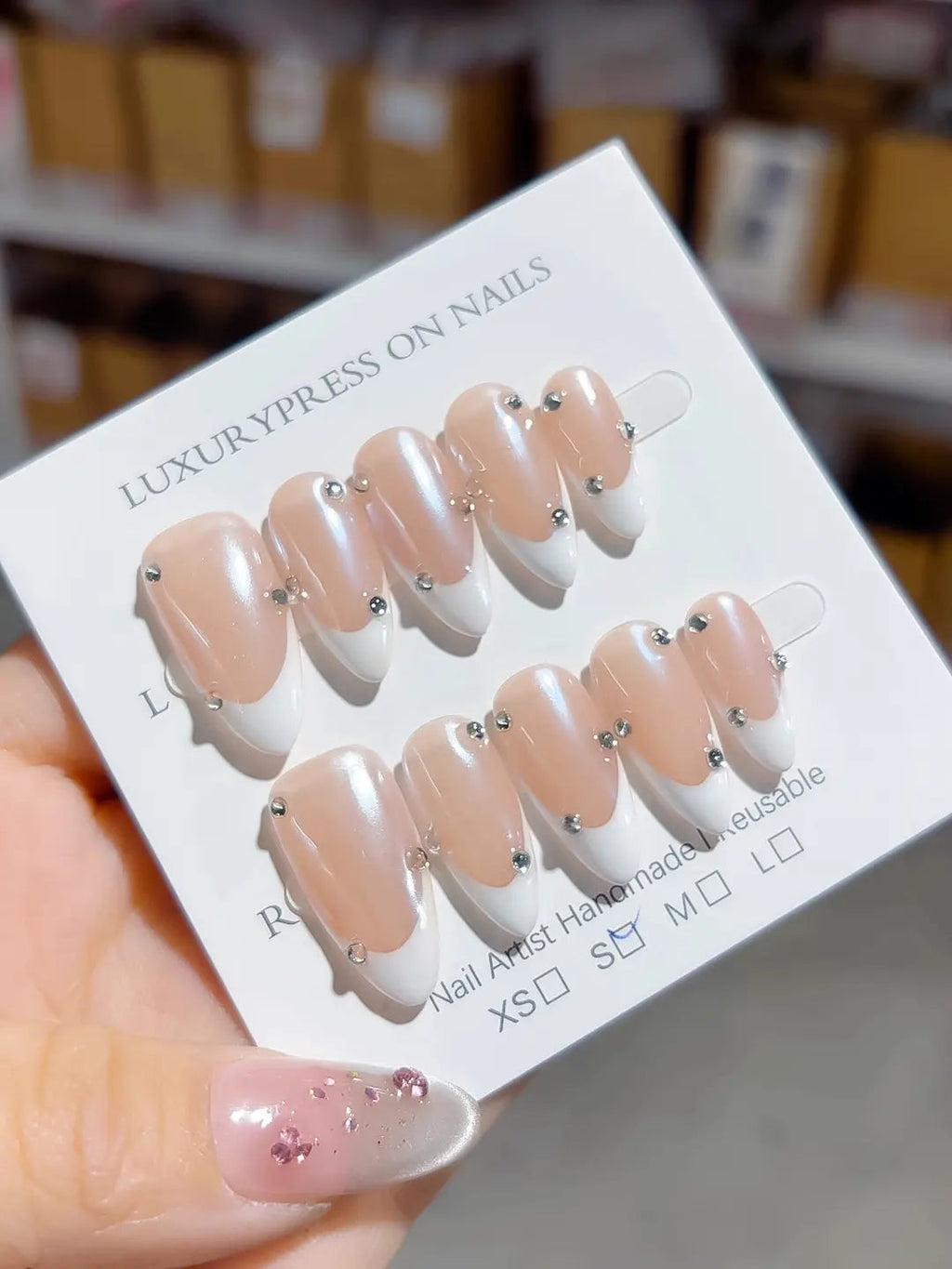 B104 - Medium Nude Almond French tip Rhinestone VibeNailsLab