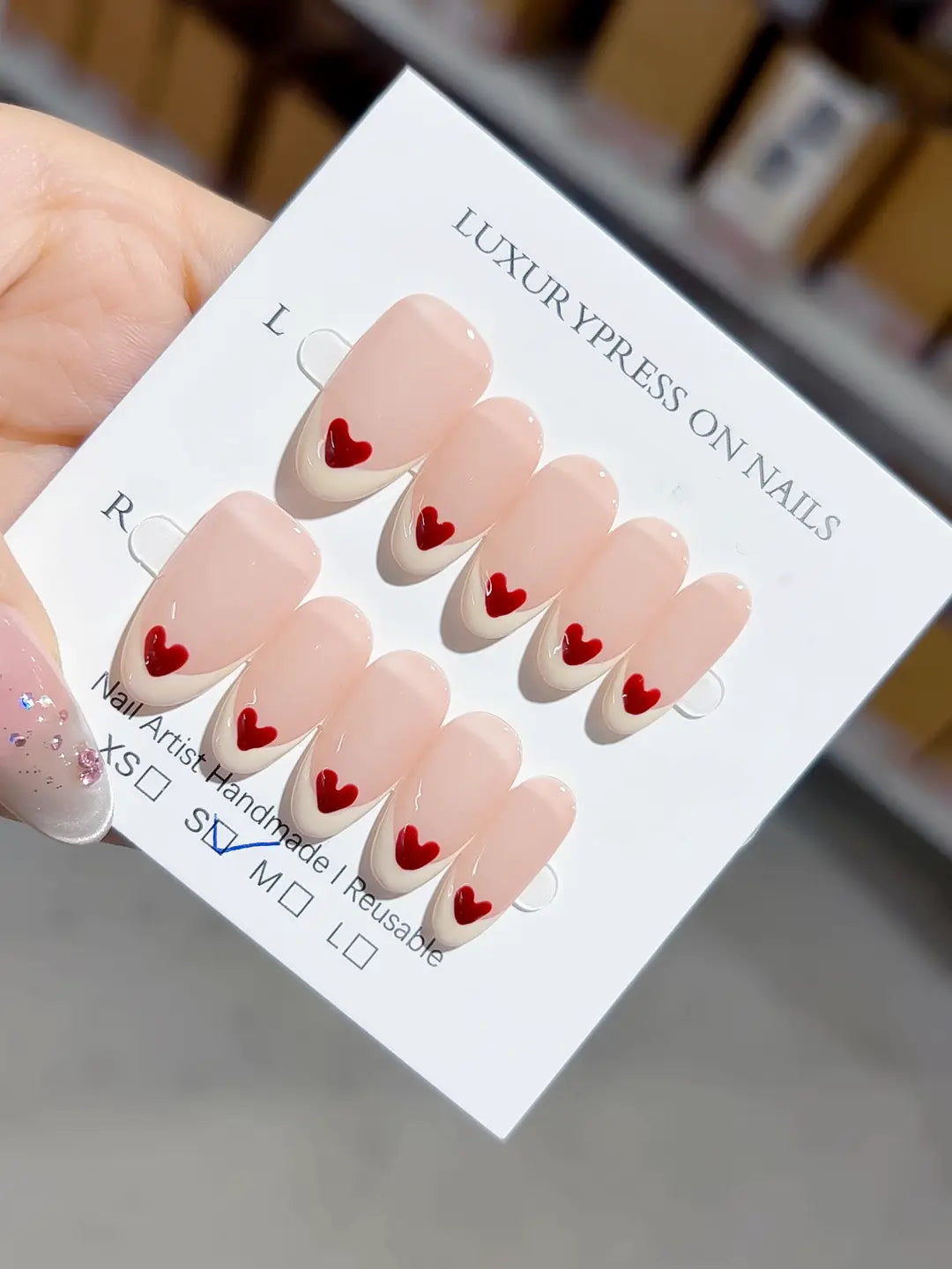 B097 - Medium Nude Red Oval French tip Heart VibeNailsLab