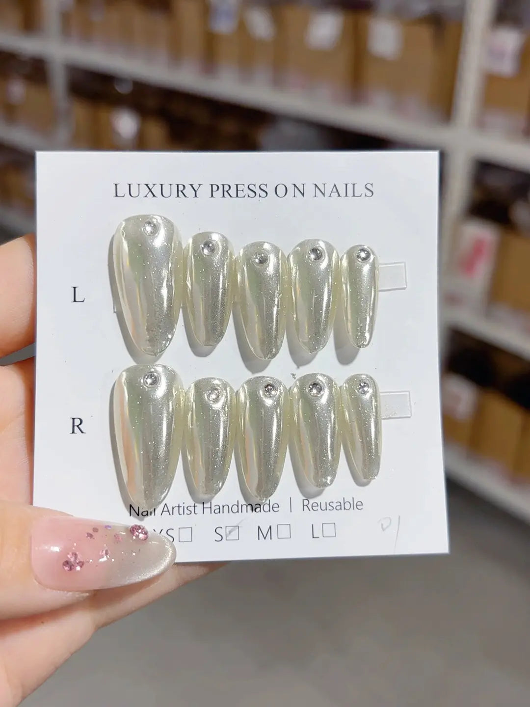 A043 - Long Silver Almond Glitter Rhinestone VibeNailsLab