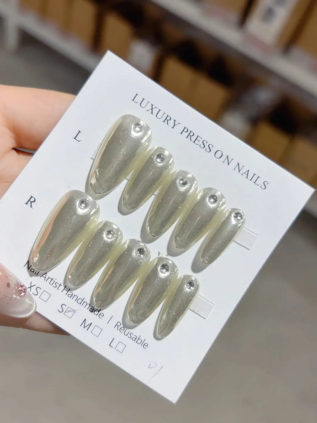A043 - Long Silver Almond Glitter Rhinestone VibeNailsLab