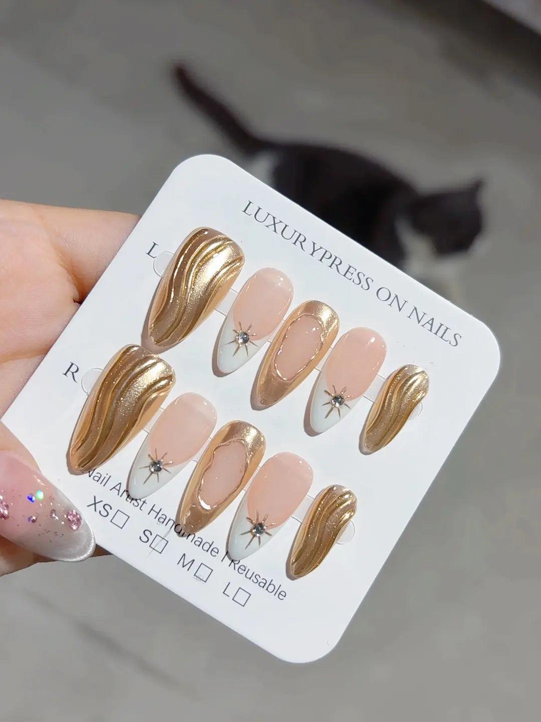 C373 - Long Gold Almond French tip Swirl
