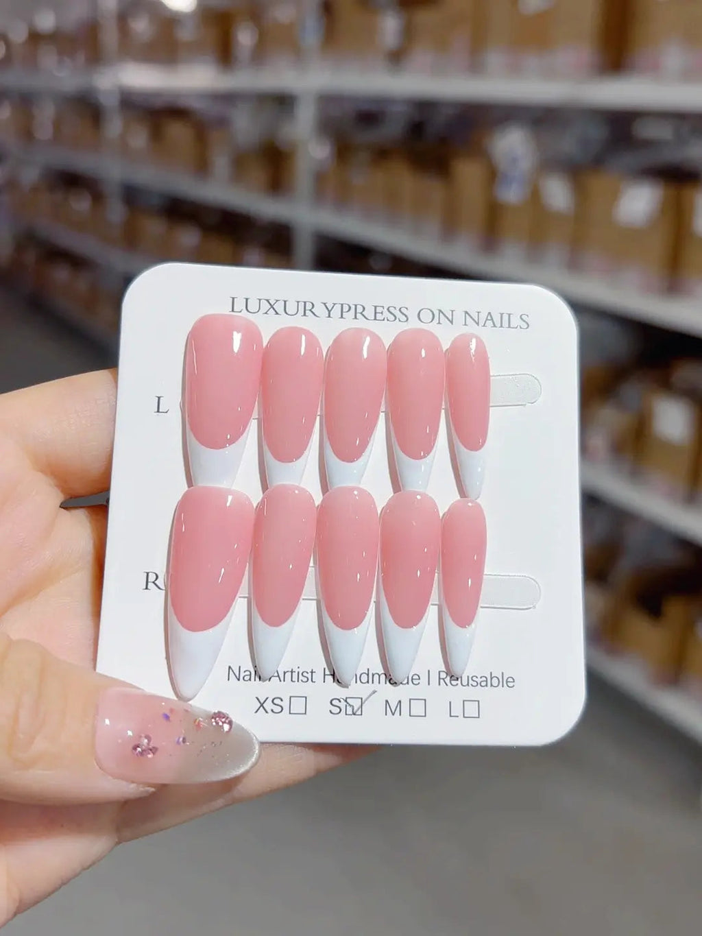 A067 - Long White Pink Almond French tip VibeNailsLab