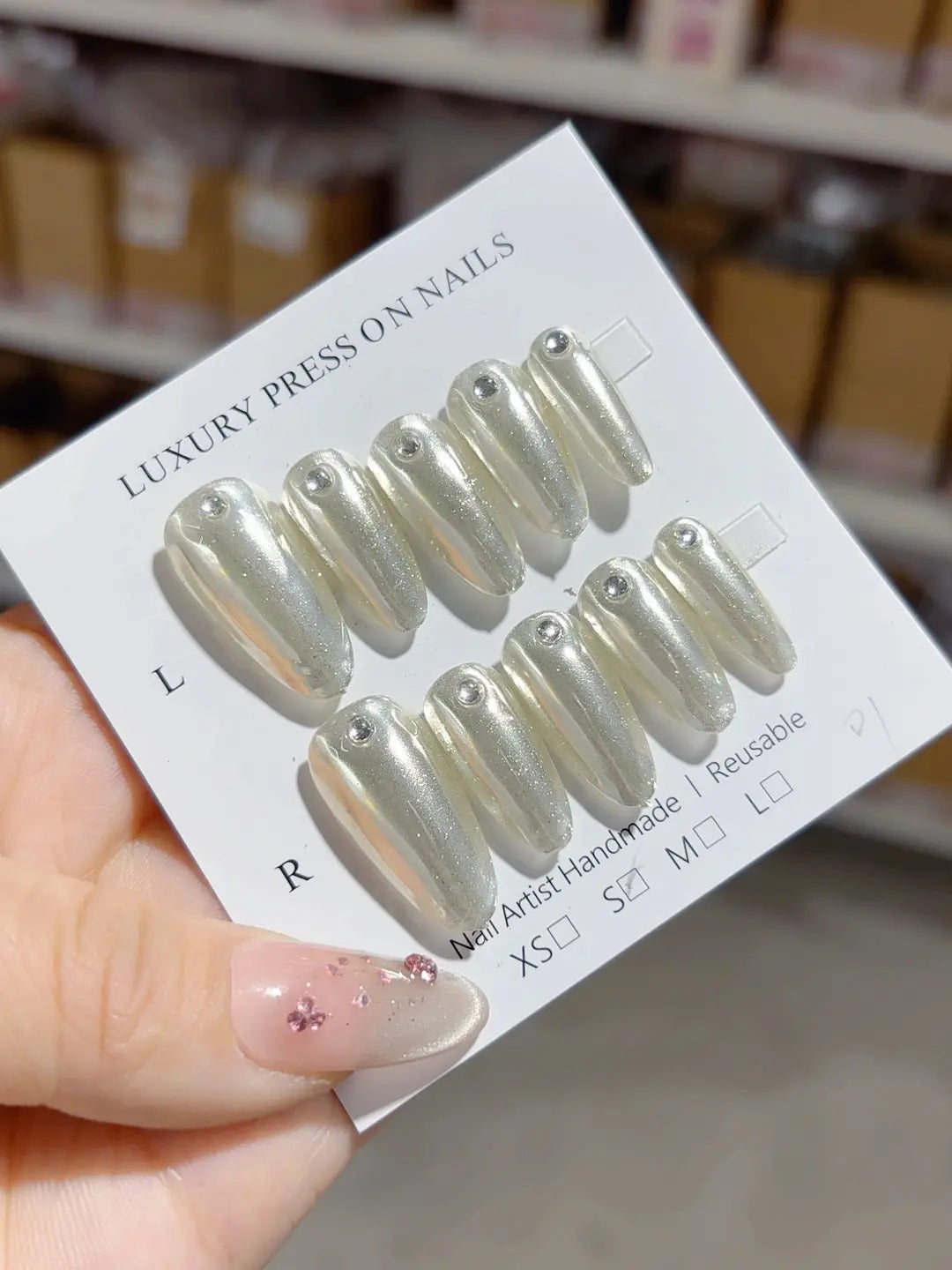 A043 - Long Silver Almond Glitter Rhinestone VibeNailsLab