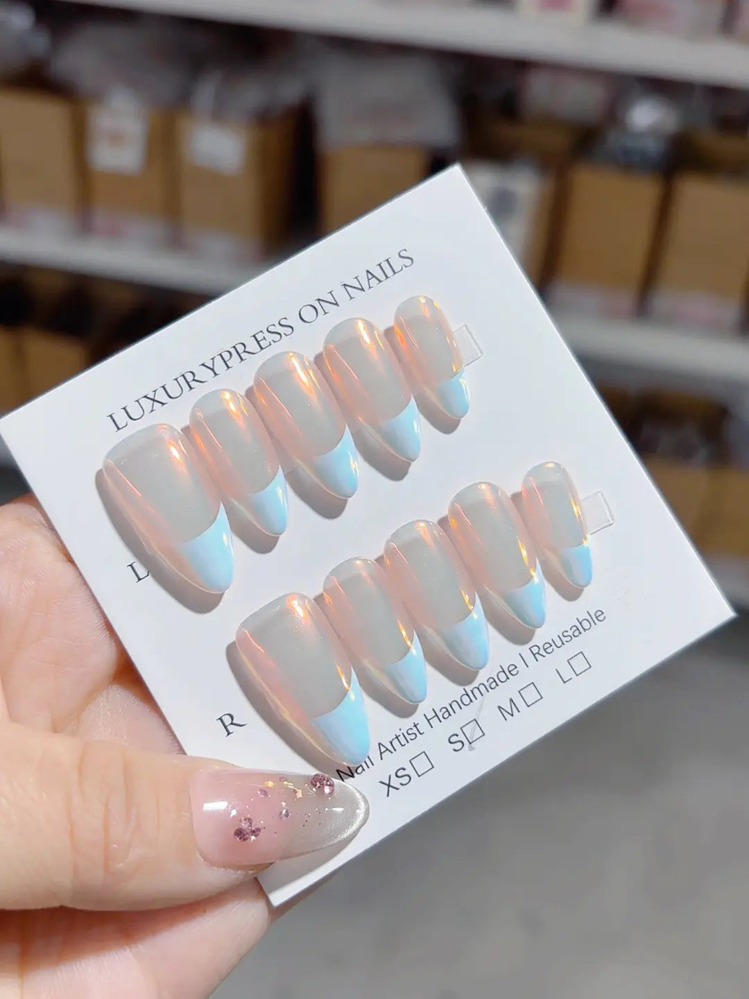 A049 - Medium Blue Almond French tip Glow VibeNailsLab
