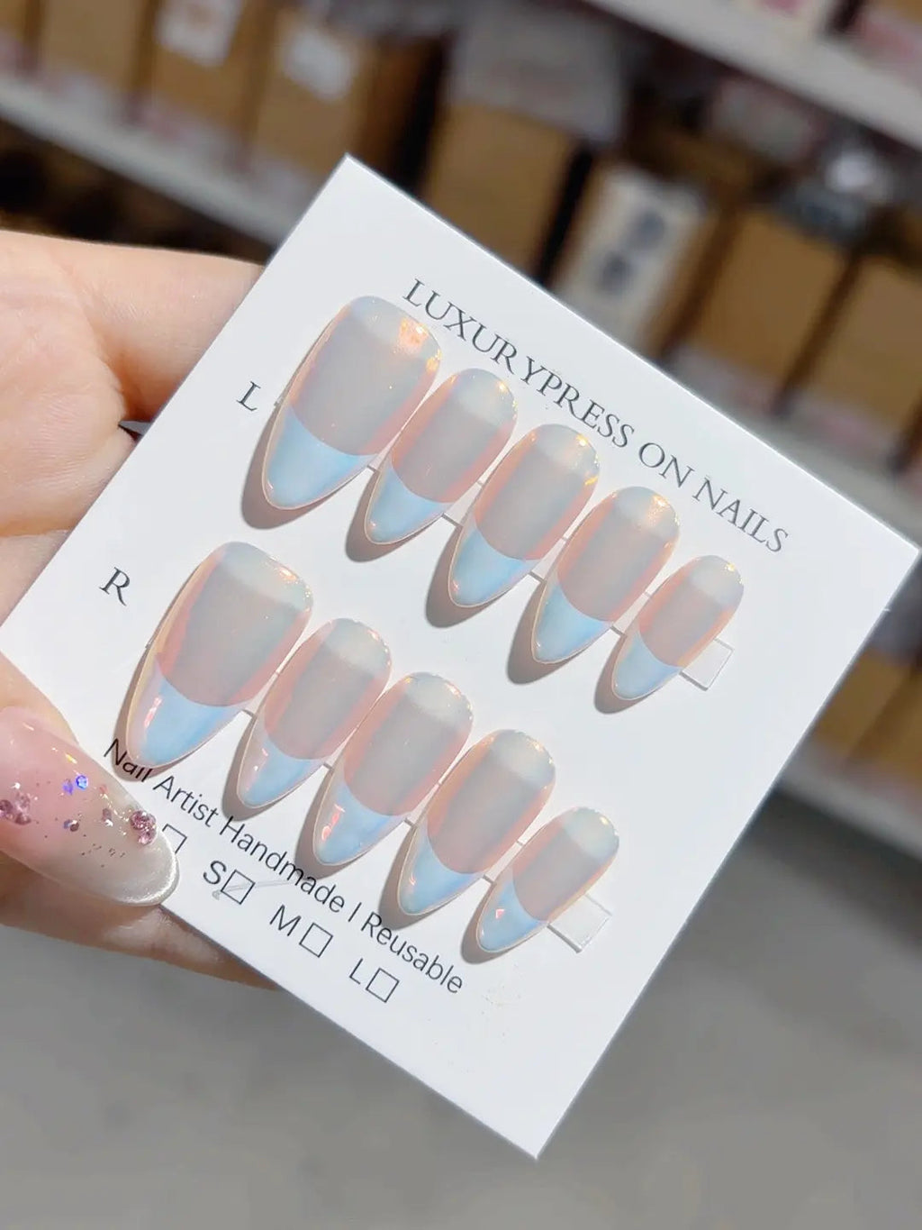 A049 - Medium Blue Almond French tip Glow VibeNailsLab