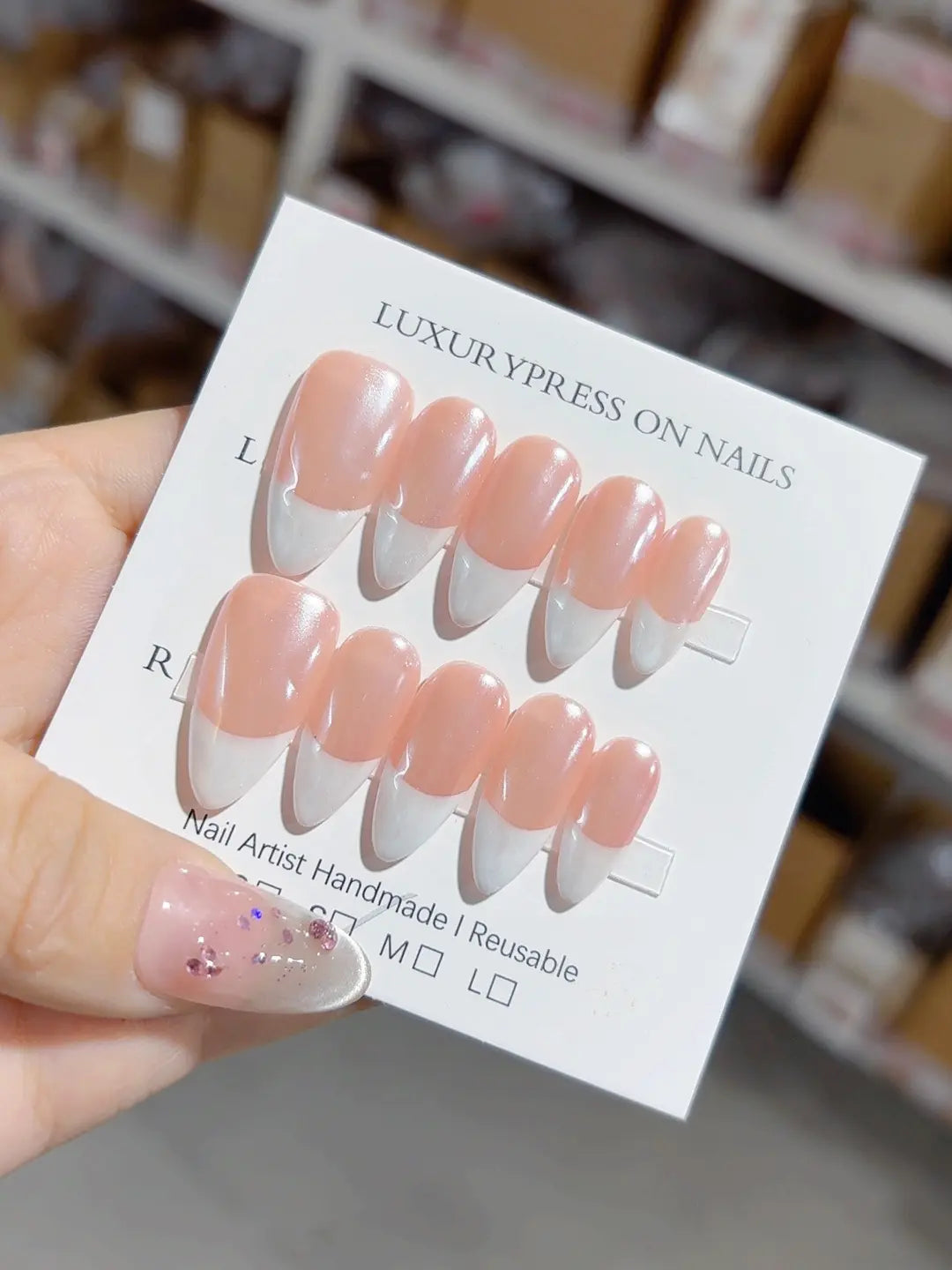 A038 - Medium White Pink Almond French tip VibeNailsLab
