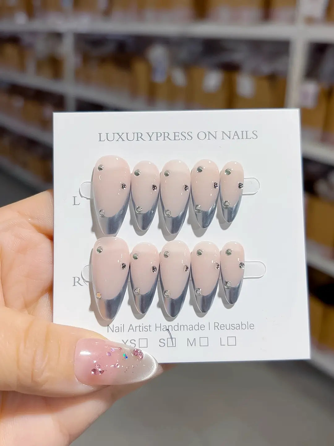 B099 - Medium Nude Multicolor Almond French tip Rhinestone