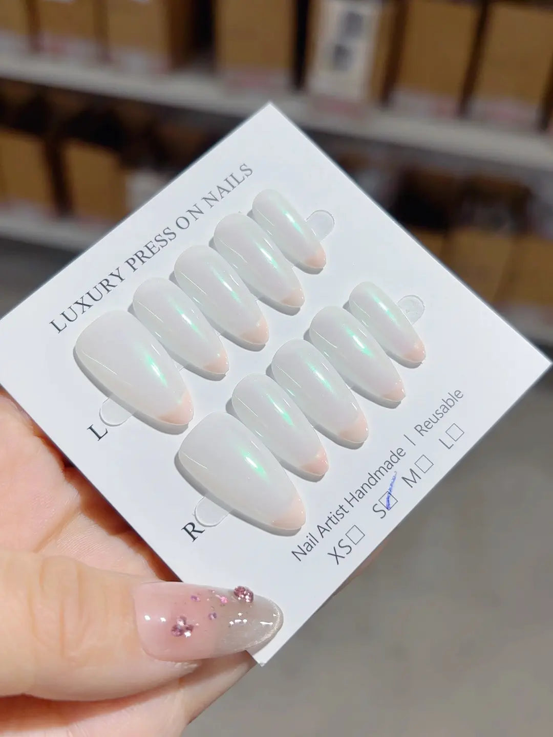 A059 - Medium White Green Almond French tip Glow VibeNailsLab