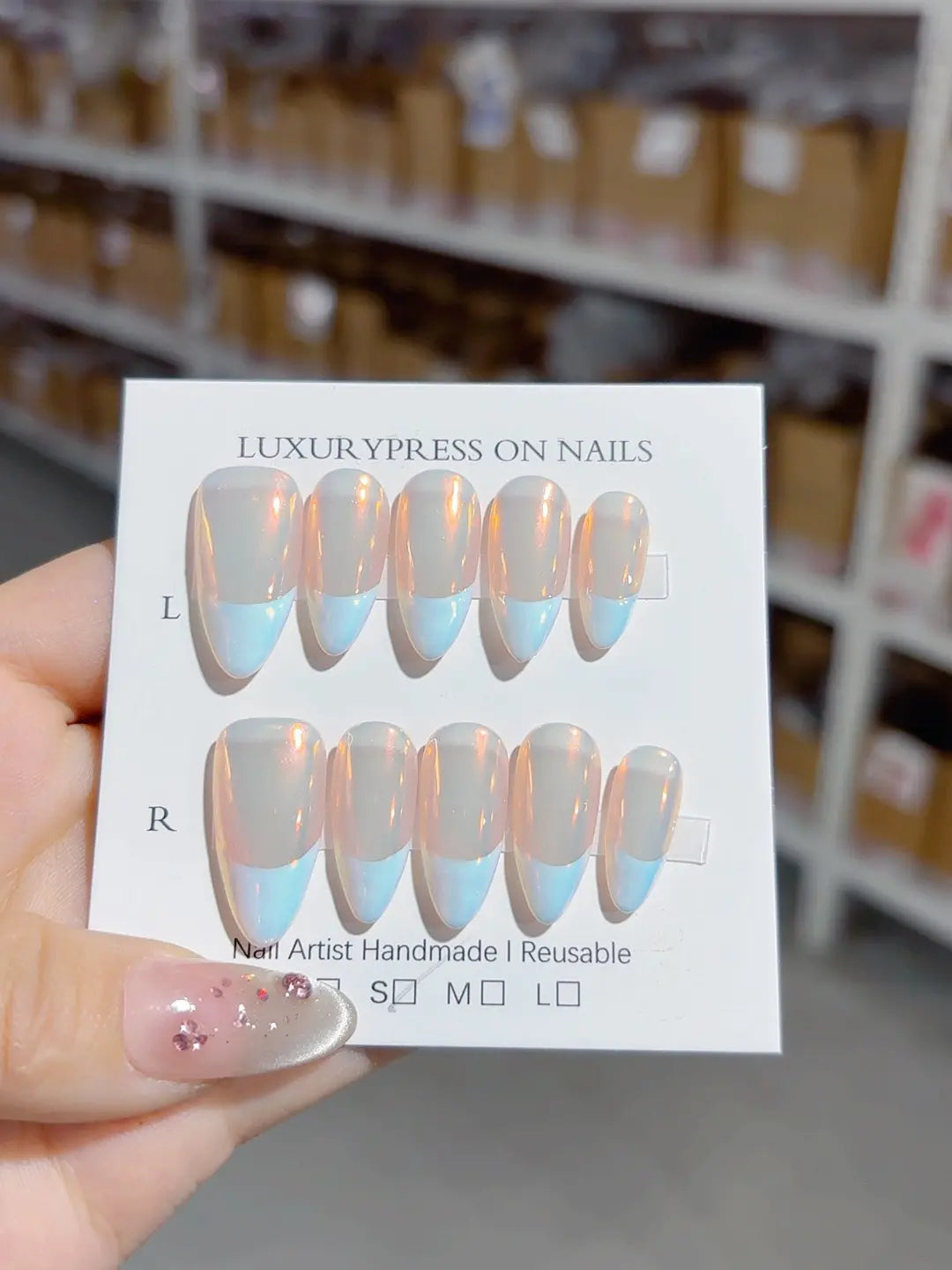 A049 - Medium Blue Almond French tip Glow VibeNailsLab