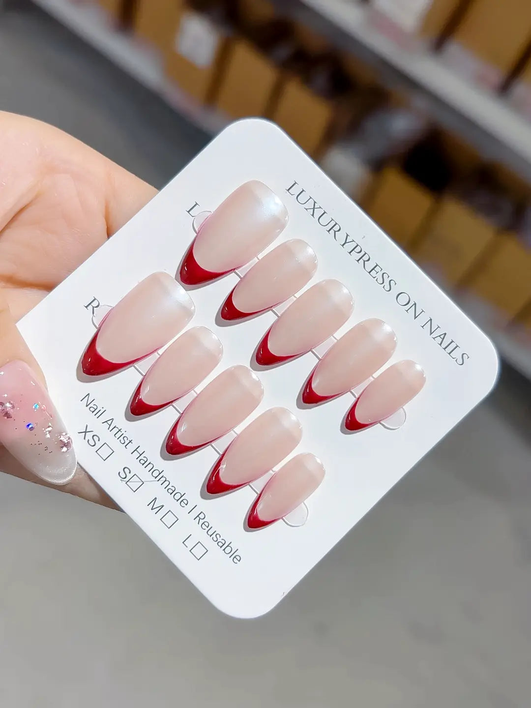 B101 - Medium Nude Red Almond French tip