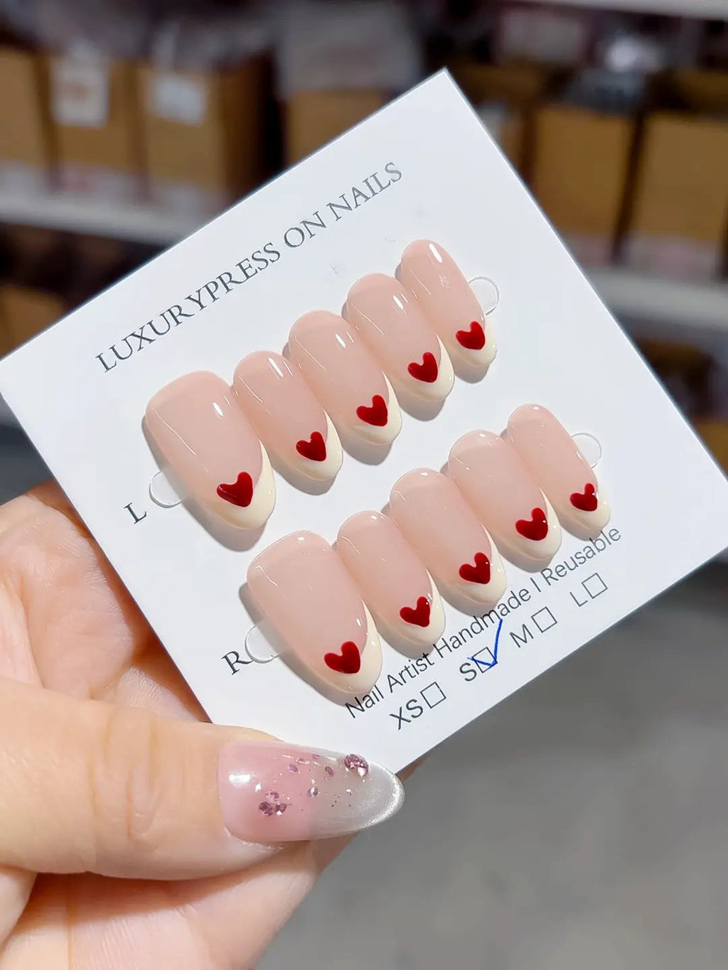 B097 - Medium Nude Red Oval French tip Heart VibeNailsLab