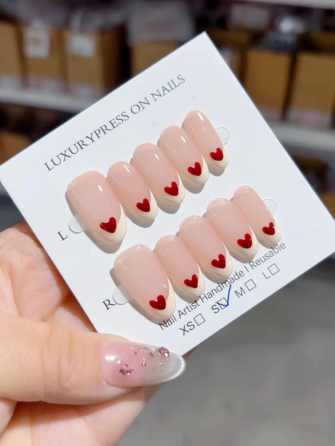 B097 - Medium Nude Red Oval French tip Heart VibeNailsLab